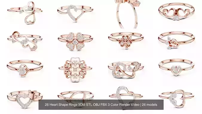 26 Heart Shape Rings 3DM STL OBJ FBX 3 Color Render Video 3D Model Collection