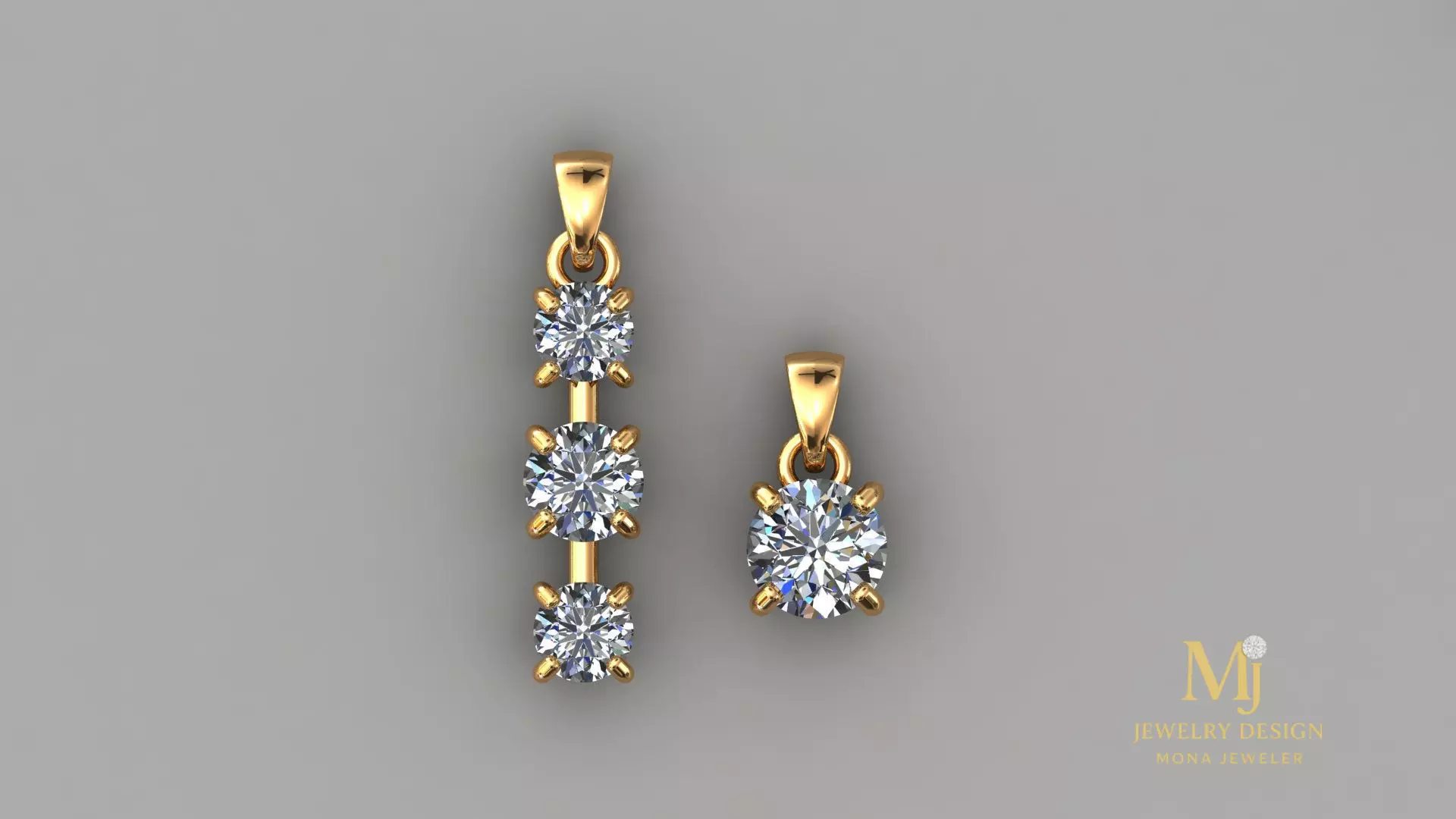 3D Jewelry Pendant Set Single Stone and 3 Stone 3D print model_1