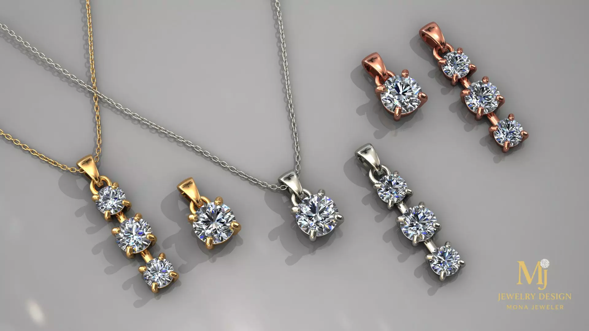 3D Jewelry Pendant Set Single Stone and 3 Stone 3D print model_0