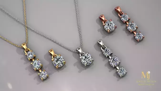 3D Jewelry Pendant Set Single Stone and 3 Stone