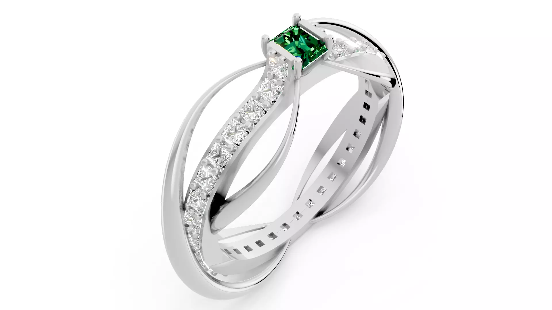 Square Emerald Cut Waves and Rocks Ring 3D print model_0