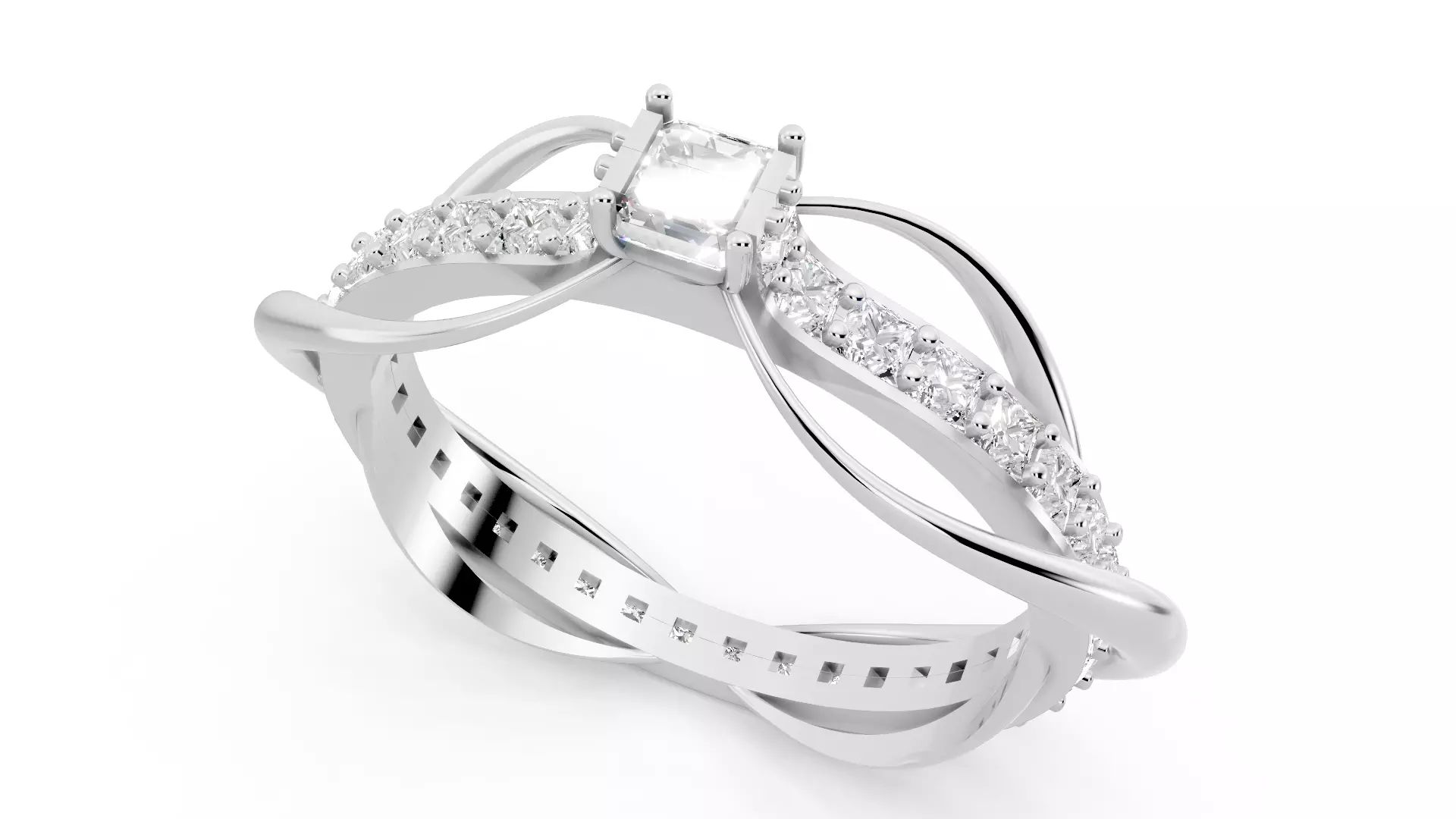 Square Emerald Cut Waves and Rocks Ring 3D print model_12