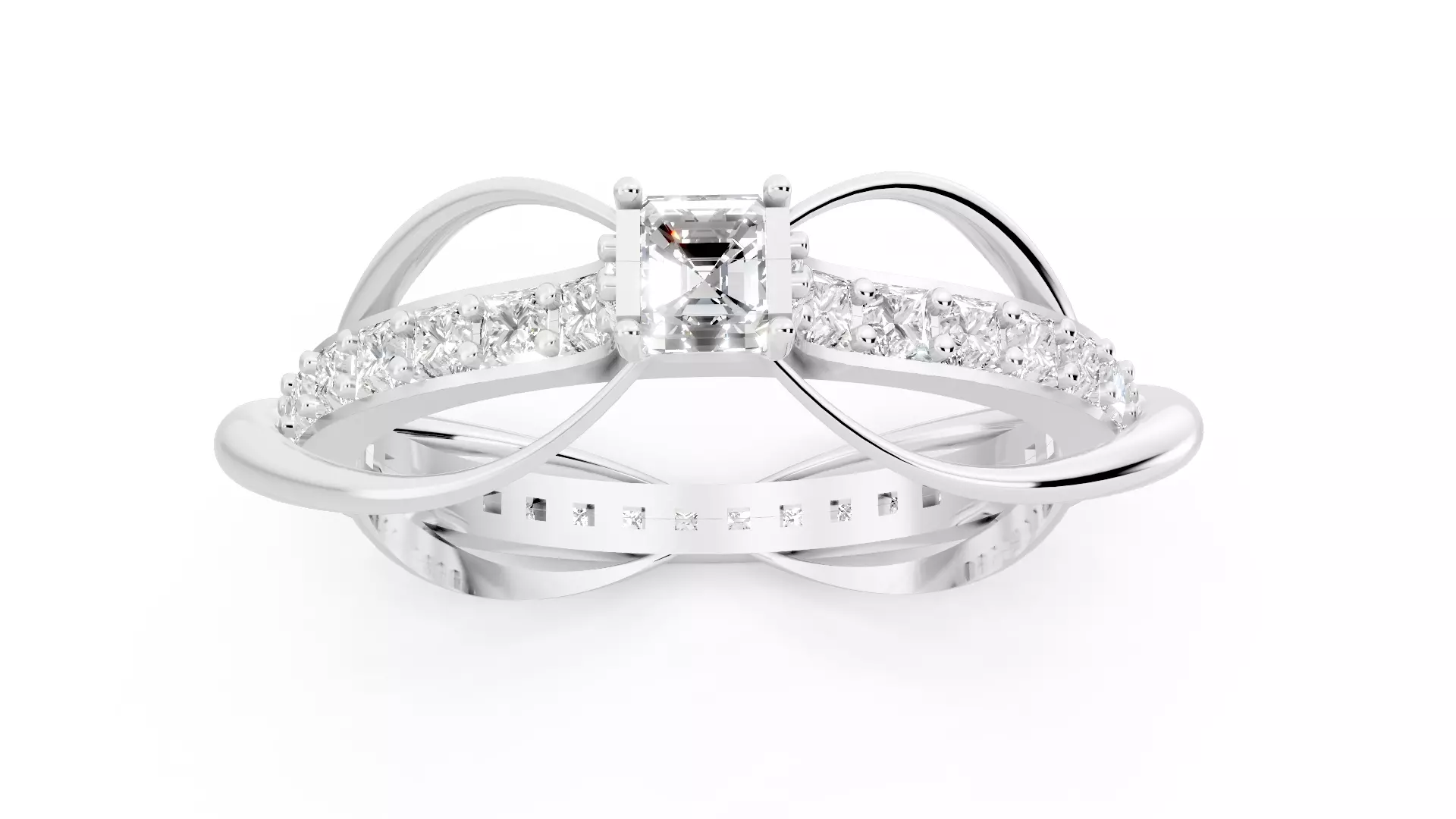 Square Emerald Cut Waves and Rocks Ring 3D print model_9