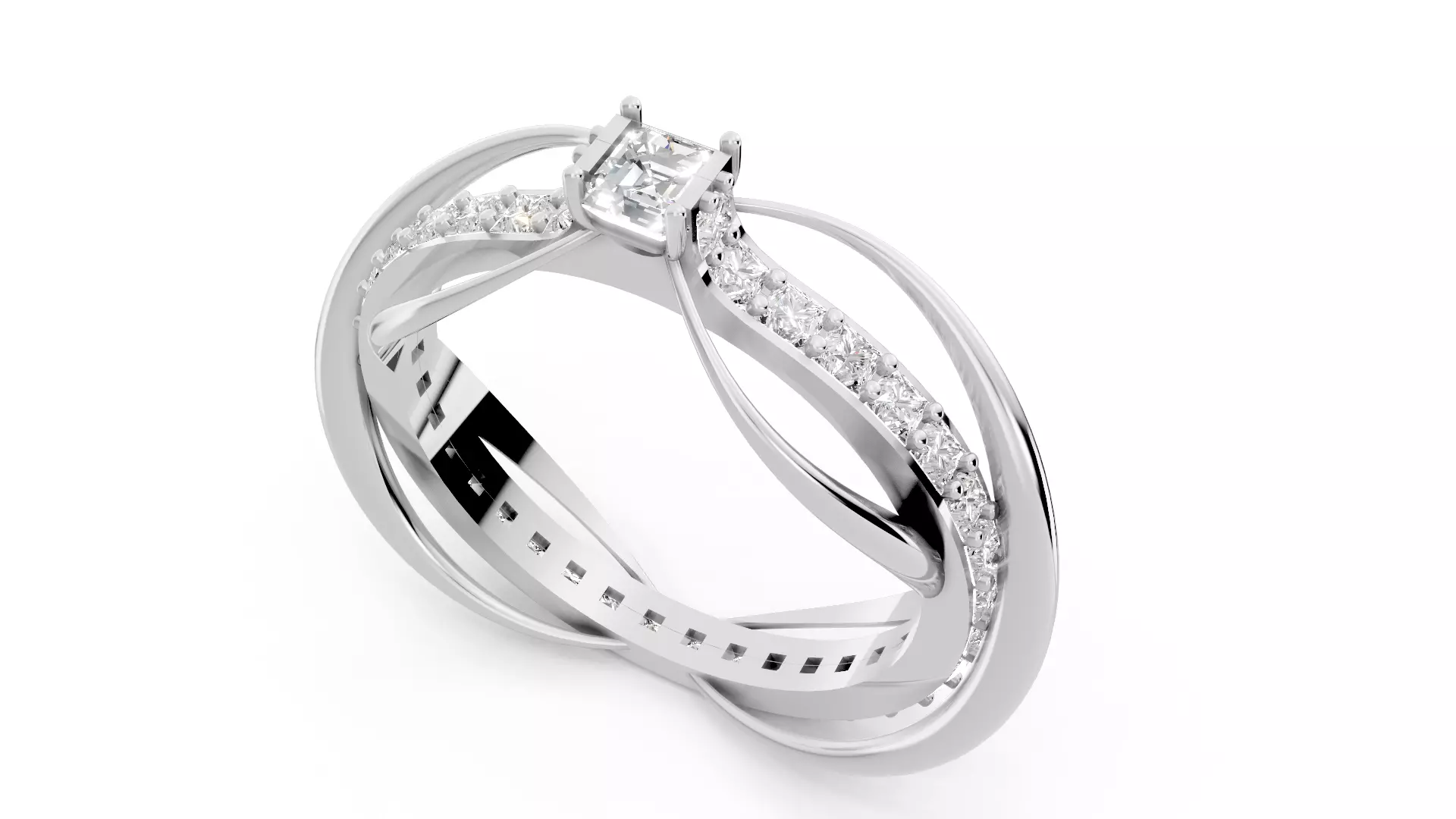 Square Emerald Cut Waves and Rocks Ring 3D print model_13