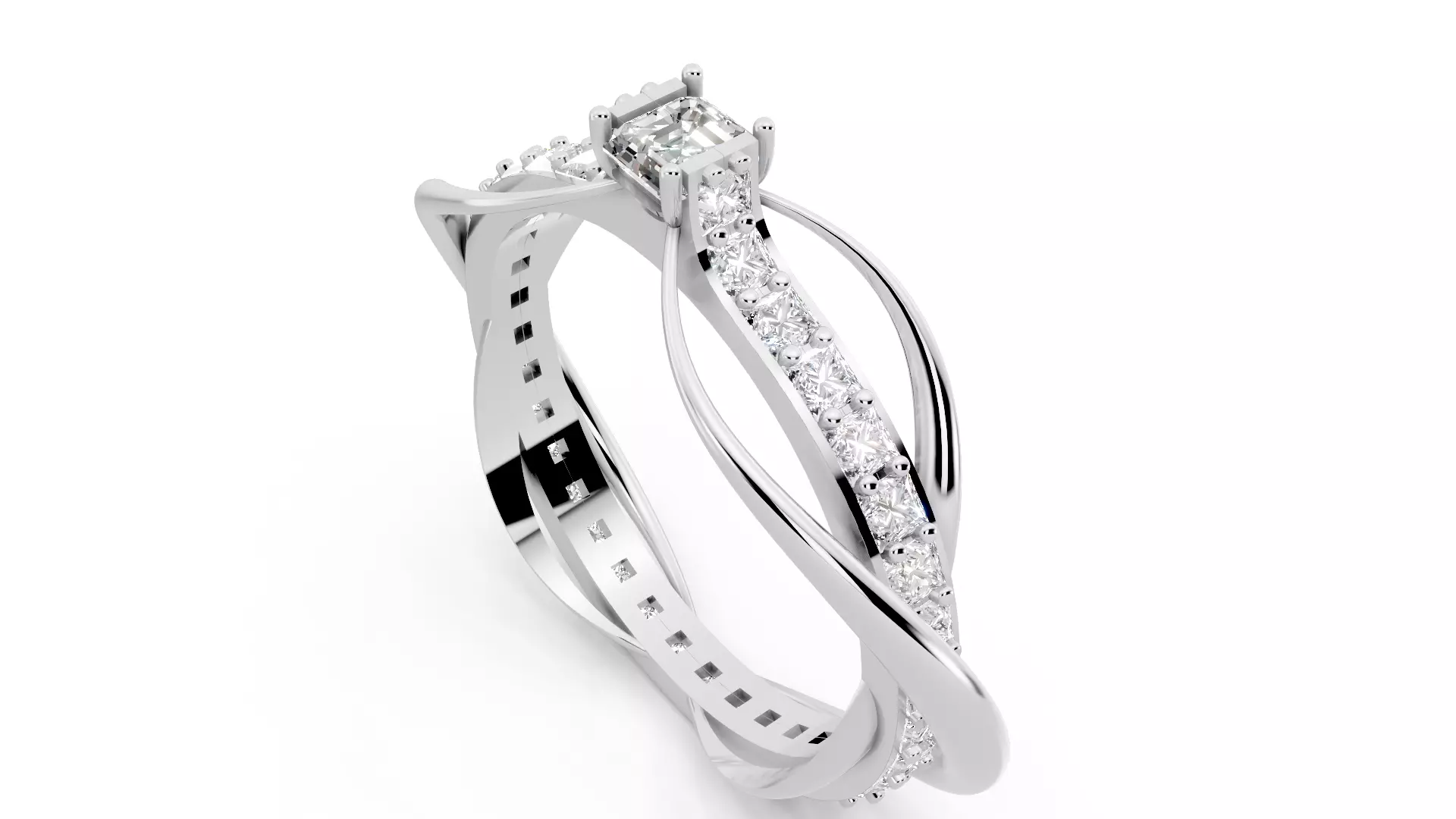 Square Emerald Cut Waves and Rocks Ring 3D print model_7