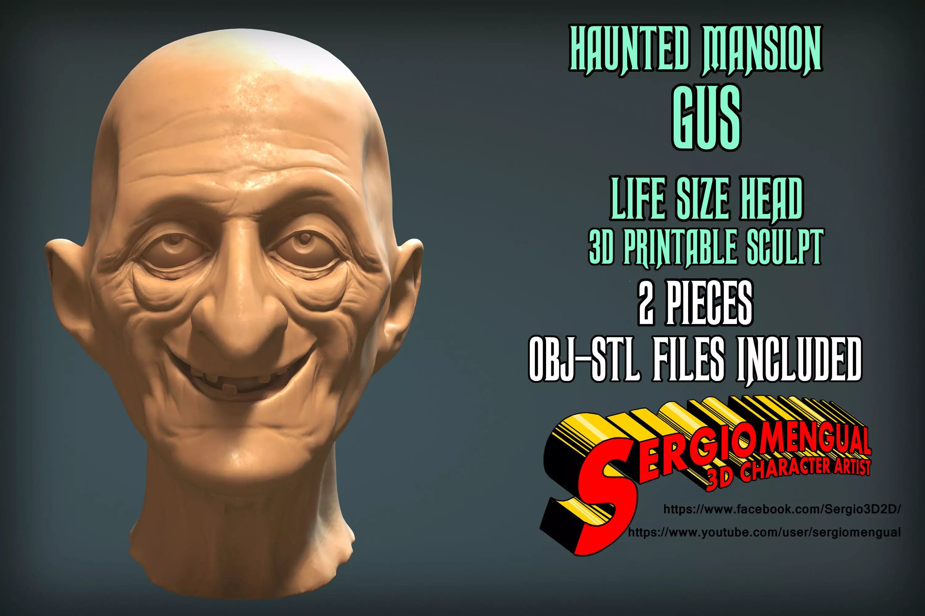 Disney Haunted Mansion Gus Life Size Head 3D Printable Sculpt 3D print model_0