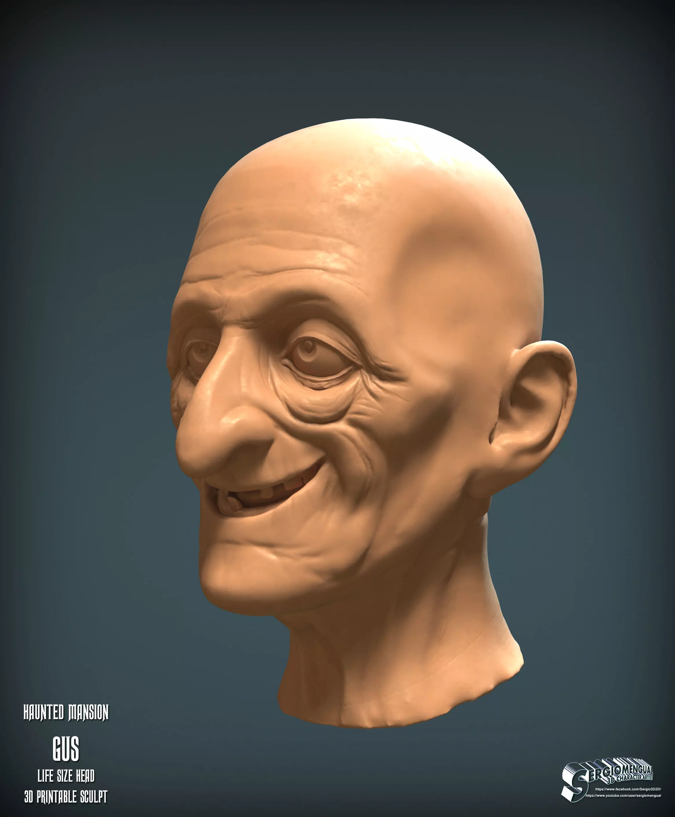 Disney Haunted Mansion Gus Life Size Head 3D Printable Sculpt 3D print model_4