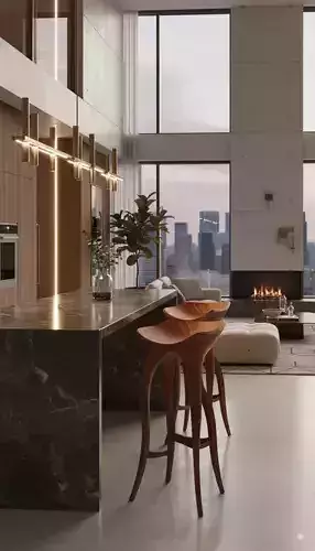 Organic Wood Stool Sculptural Barstool Curved Legs 3D