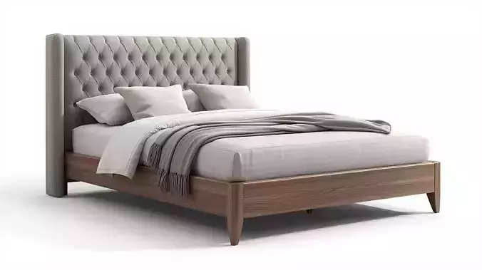 Elegant Tufted Fabric Bed with Wood Frame 3D Model
