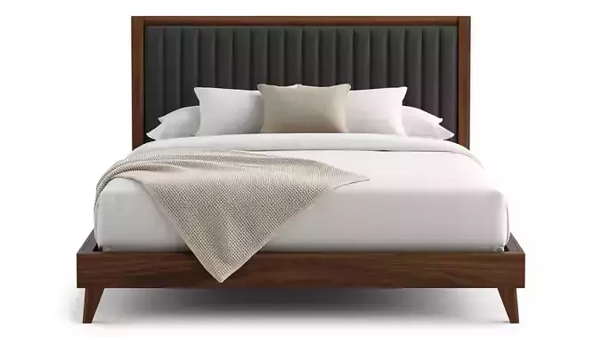 Modern Upholstered Bed with Dark Wood Frame 3D Model