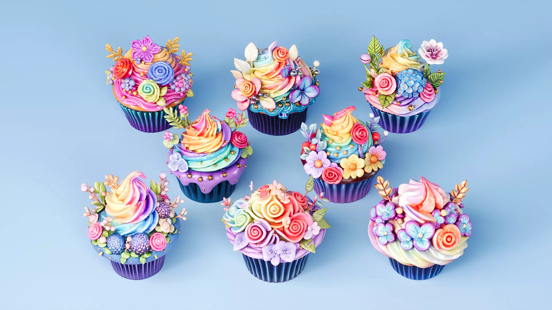Flower Cupcakes Cake 3D model_0