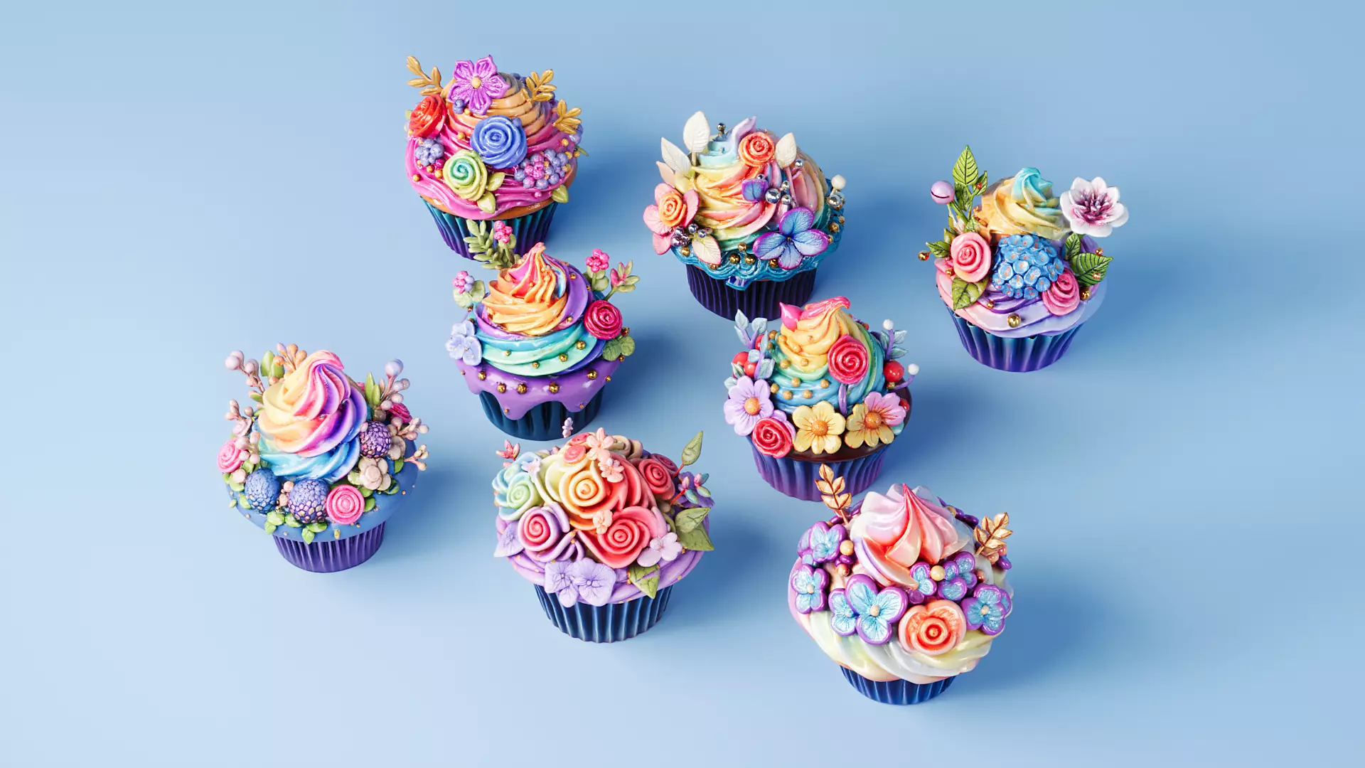 Flower Cupcakes Cake 3D model_2