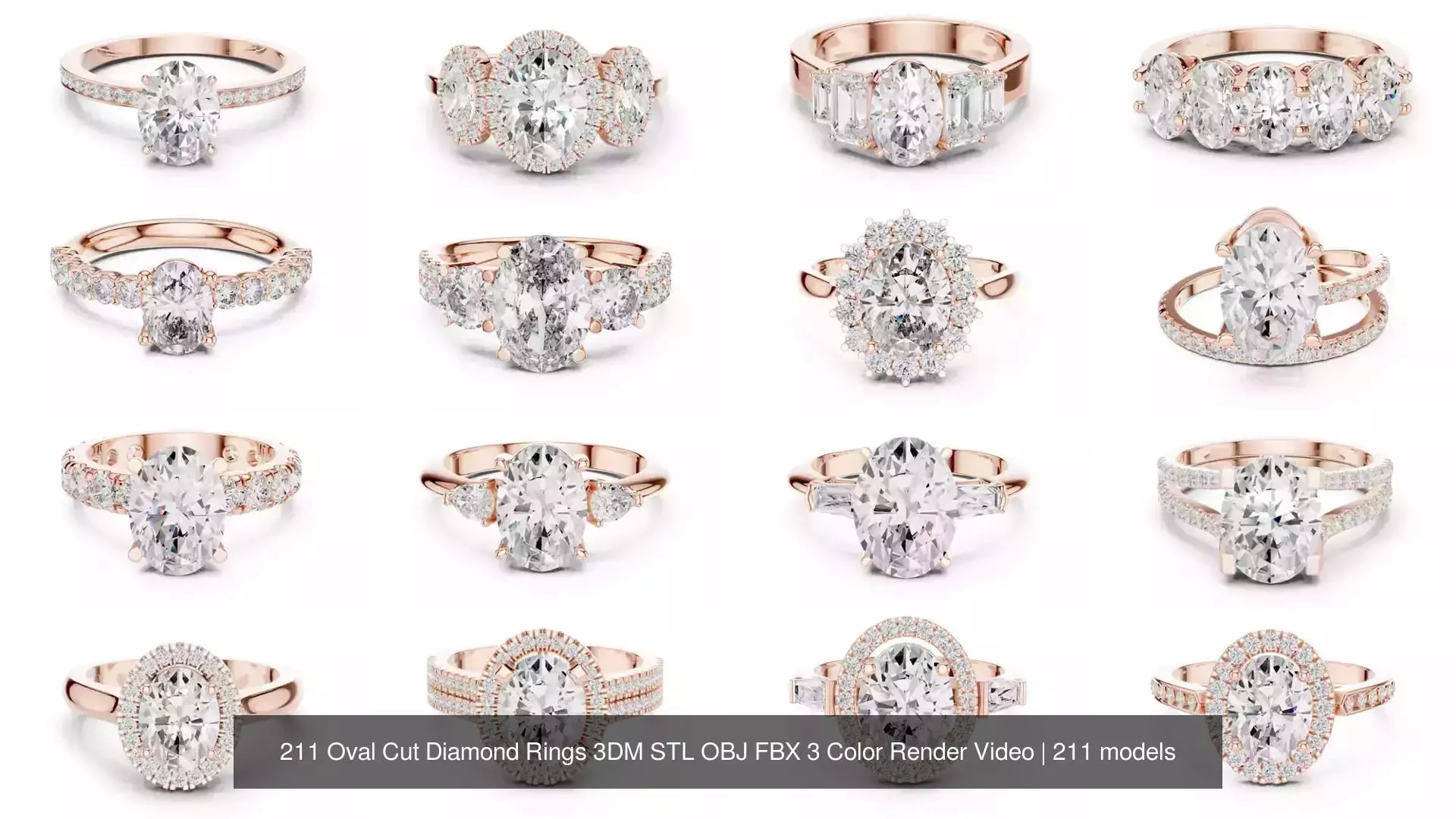 211 Oval Cut Diamond Rings 3DM STL OBJ FBX 3 Color Render Video 3D Model Collection_3