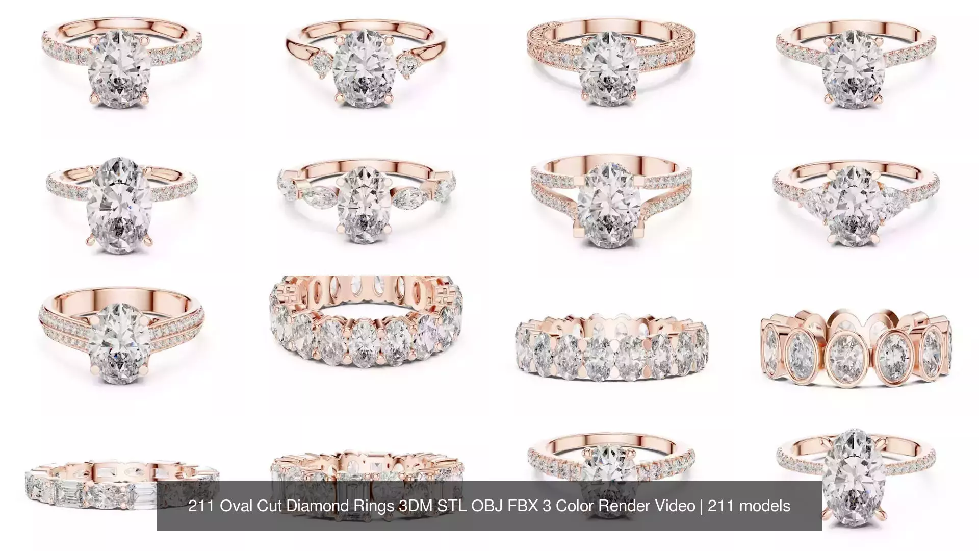211 Oval Cut Diamond Rings 3DM STL OBJ FBX 3 Color Render Video 3D Model Collection_13