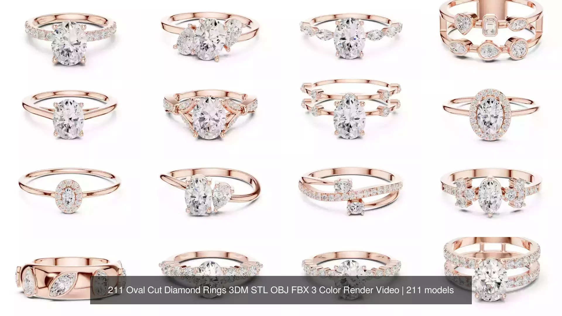 211 Oval Cut Diamond Rings 3DM STL OBJ FBX 3 Color Render Video 3D Model Collection_1