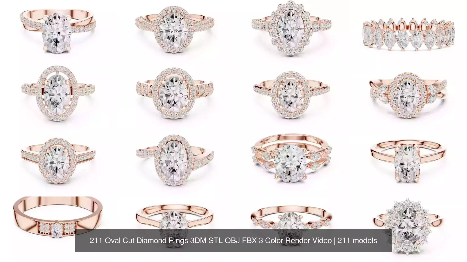 211 Oval Cut Diamond Rings 3DM STL OBJ FBX 3 Color Render Video 3D Model Collection_7