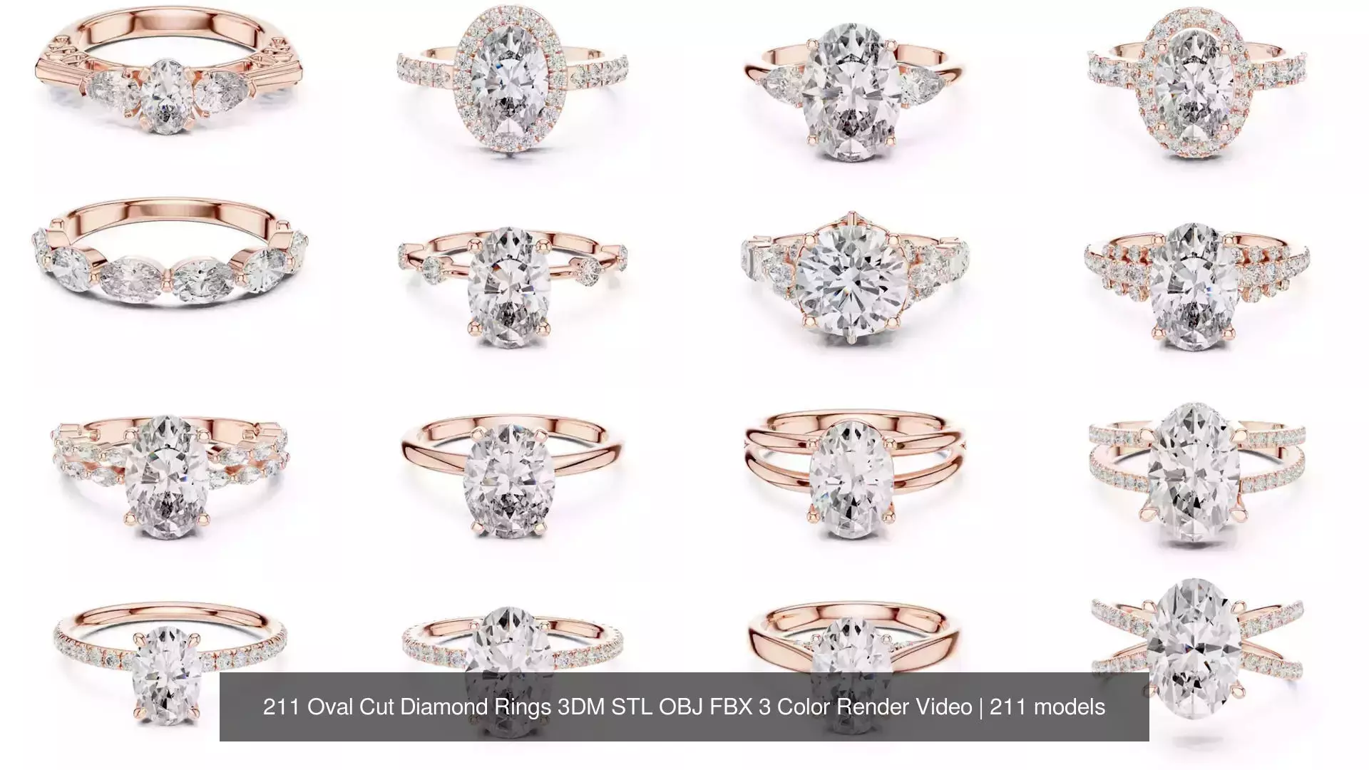 211 Oval Cut Diamond Rings 3DM STL OBJ FBX 3 Color Render Video 3D Model Collection_24