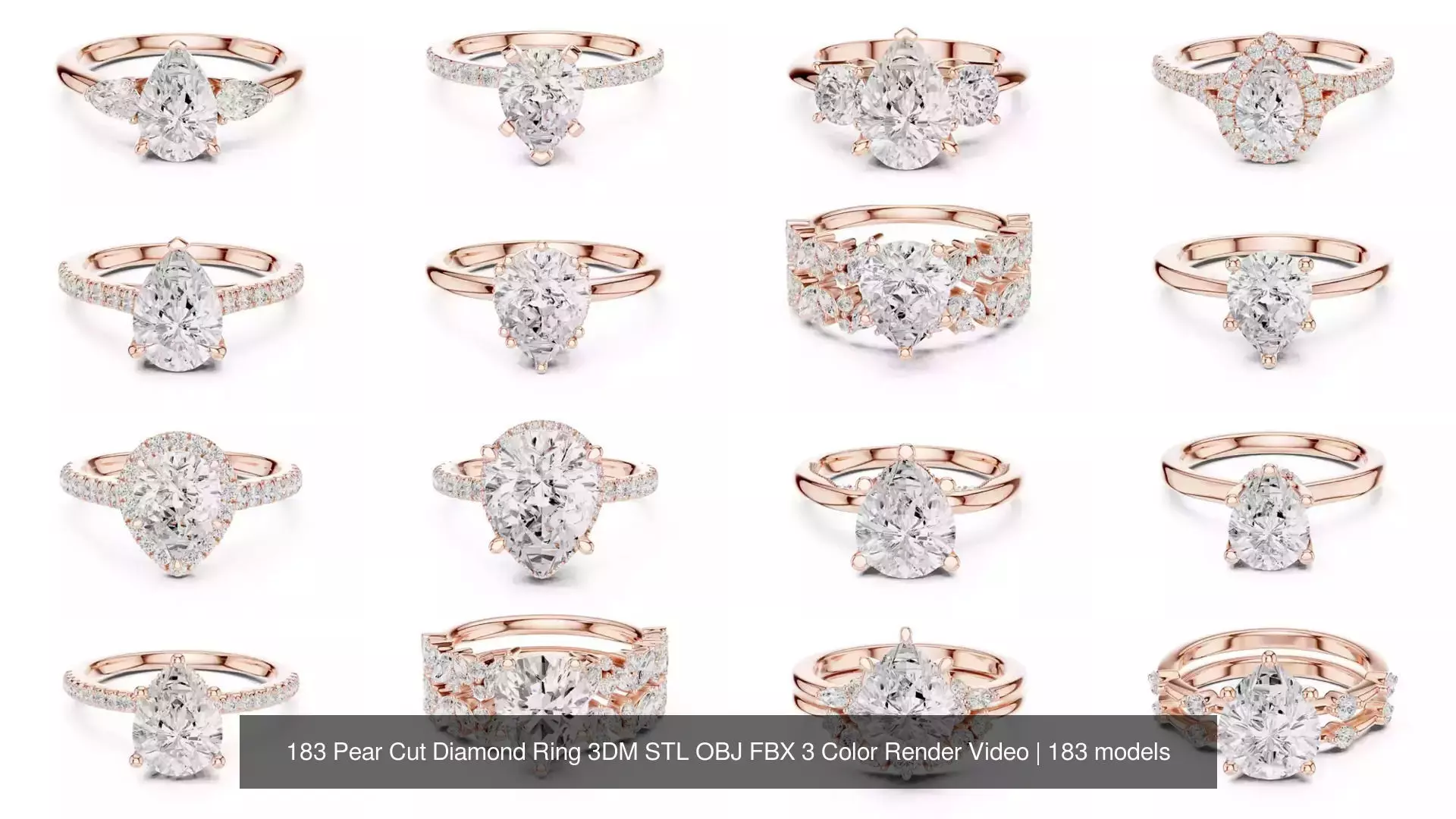 183 Pear Cut Diamond Ring 3DM STL OBJ FBX 3 Color Render Video 3D Model Collection_15