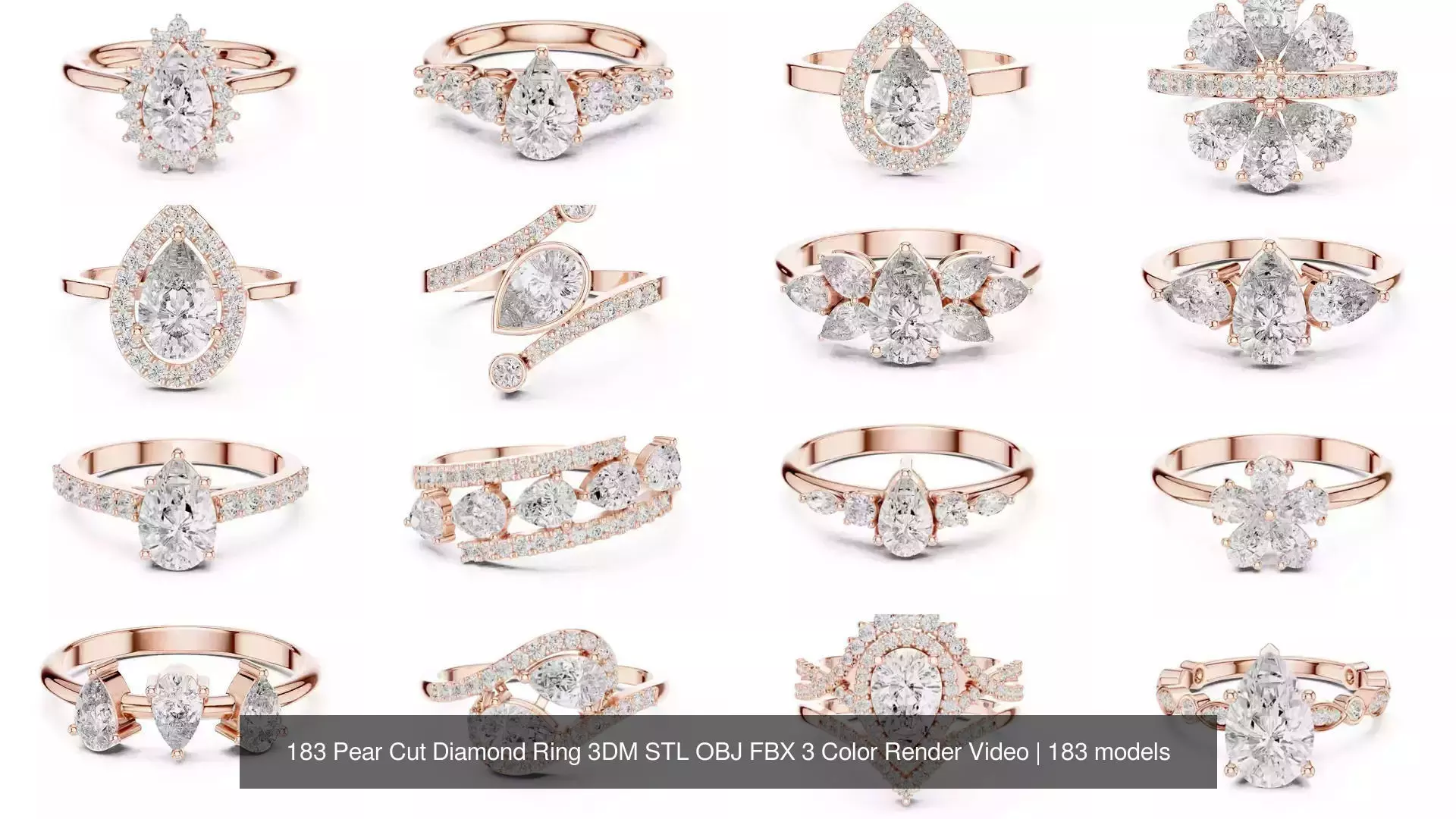 183 Pear Cut Diamond Ring 3DM STL OBJ FBX 3 Color Render Video 3D Model Collection_7