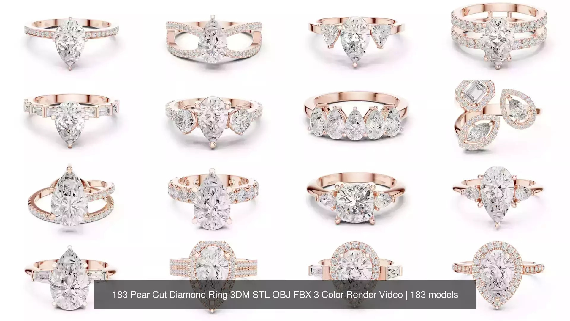 183 Pear Cut Diamond Ring 3DM STL OBJ FBX 3 Color Render Video 3D Model Collection_5