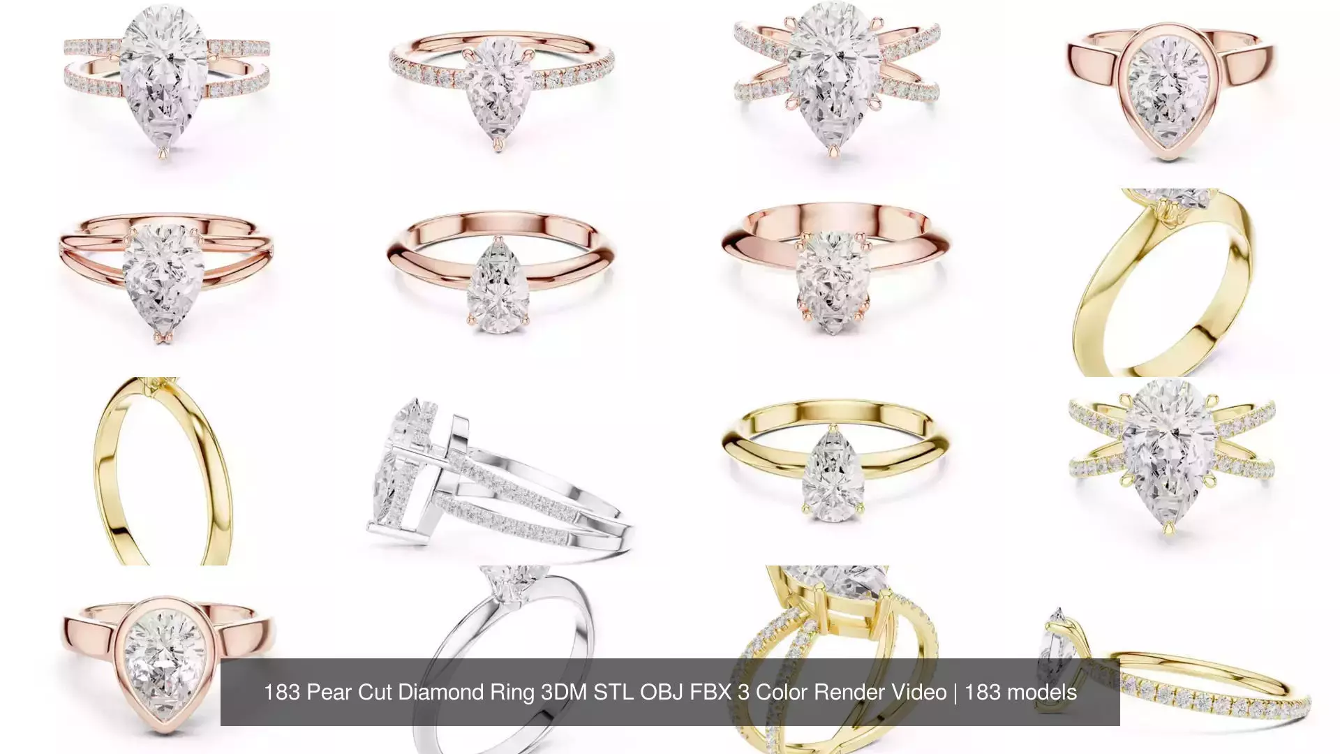 183 Pear Cut Diamond Ring 3DM STL OBJ FBX 3 Color Render Video 3D Model Collection_22