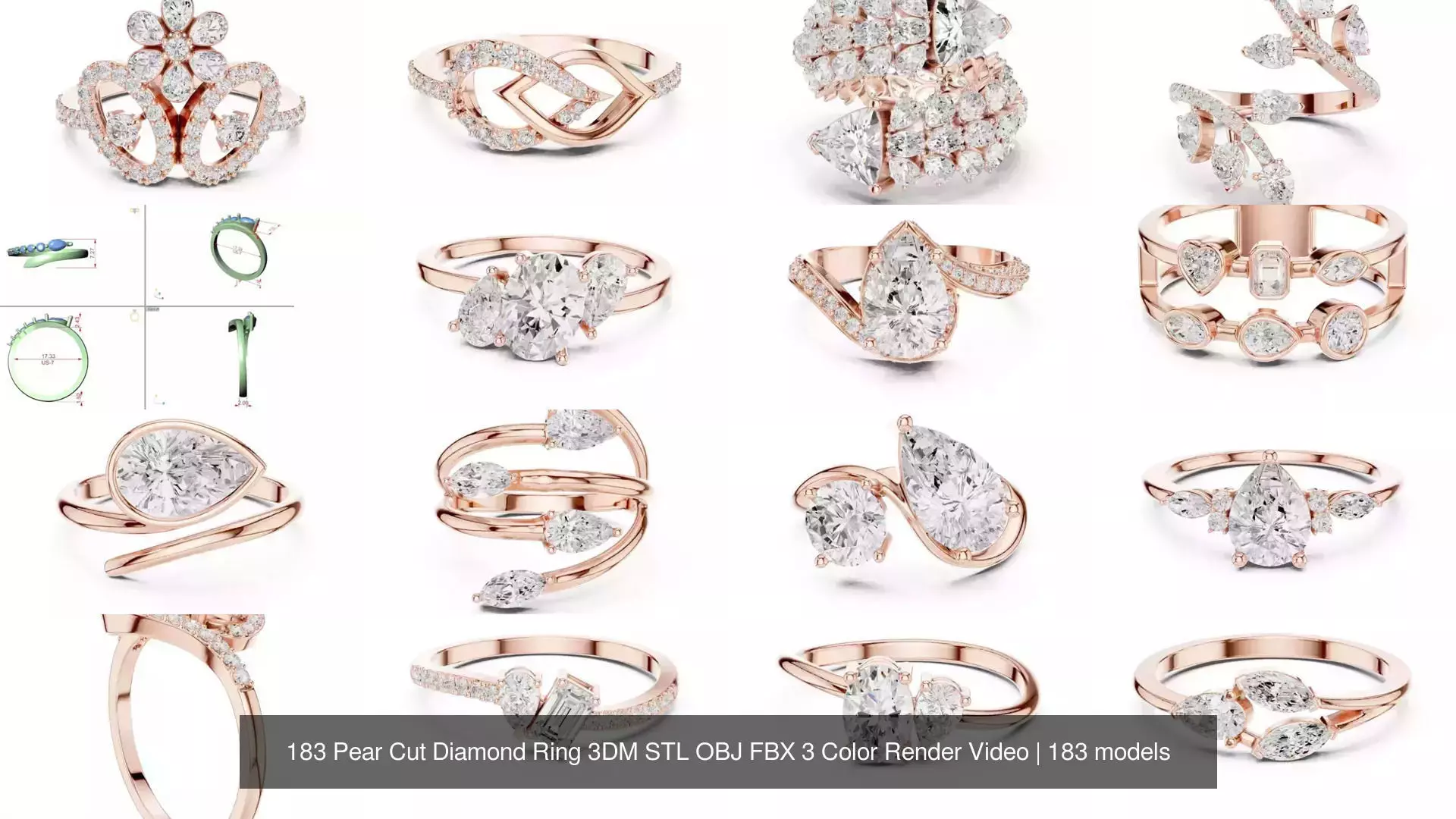 183 Pear Cut Diamond Ring 3DM STL OBJ FBX 3 Color Render Video 3D Model Collection_1