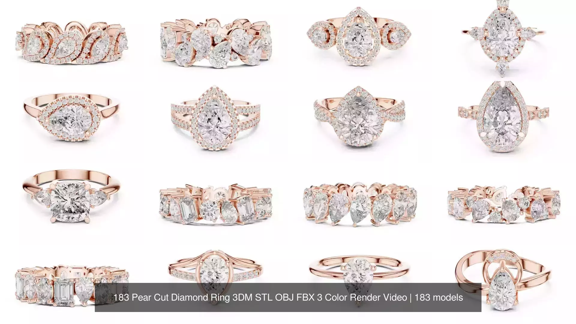 183 Pear Cut Diamond Ring 3DM STL OBJ FBX 3 Color Render Video 3D Model Collection_11