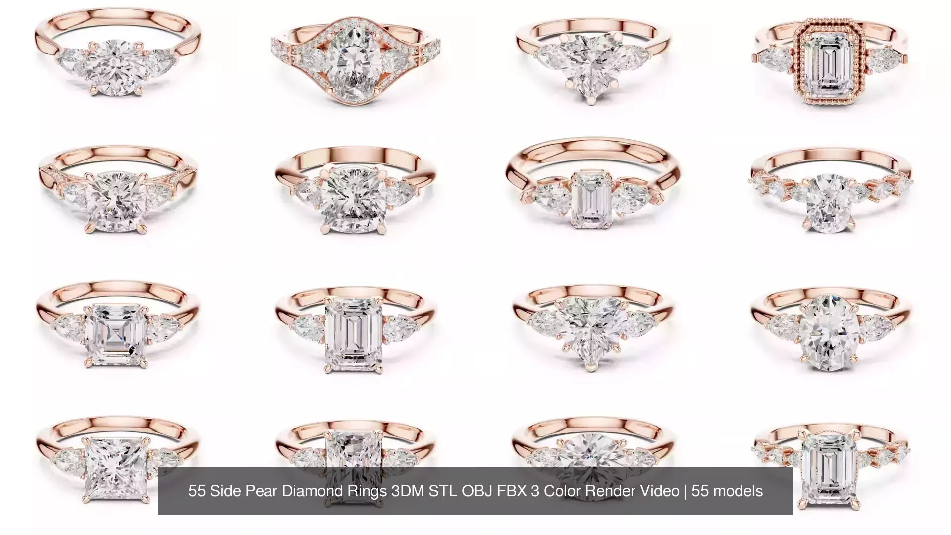55 Side Pear Diamond Rings 3DM STL OBJ FBX 3 Color Render Video 3D Model Collection_3