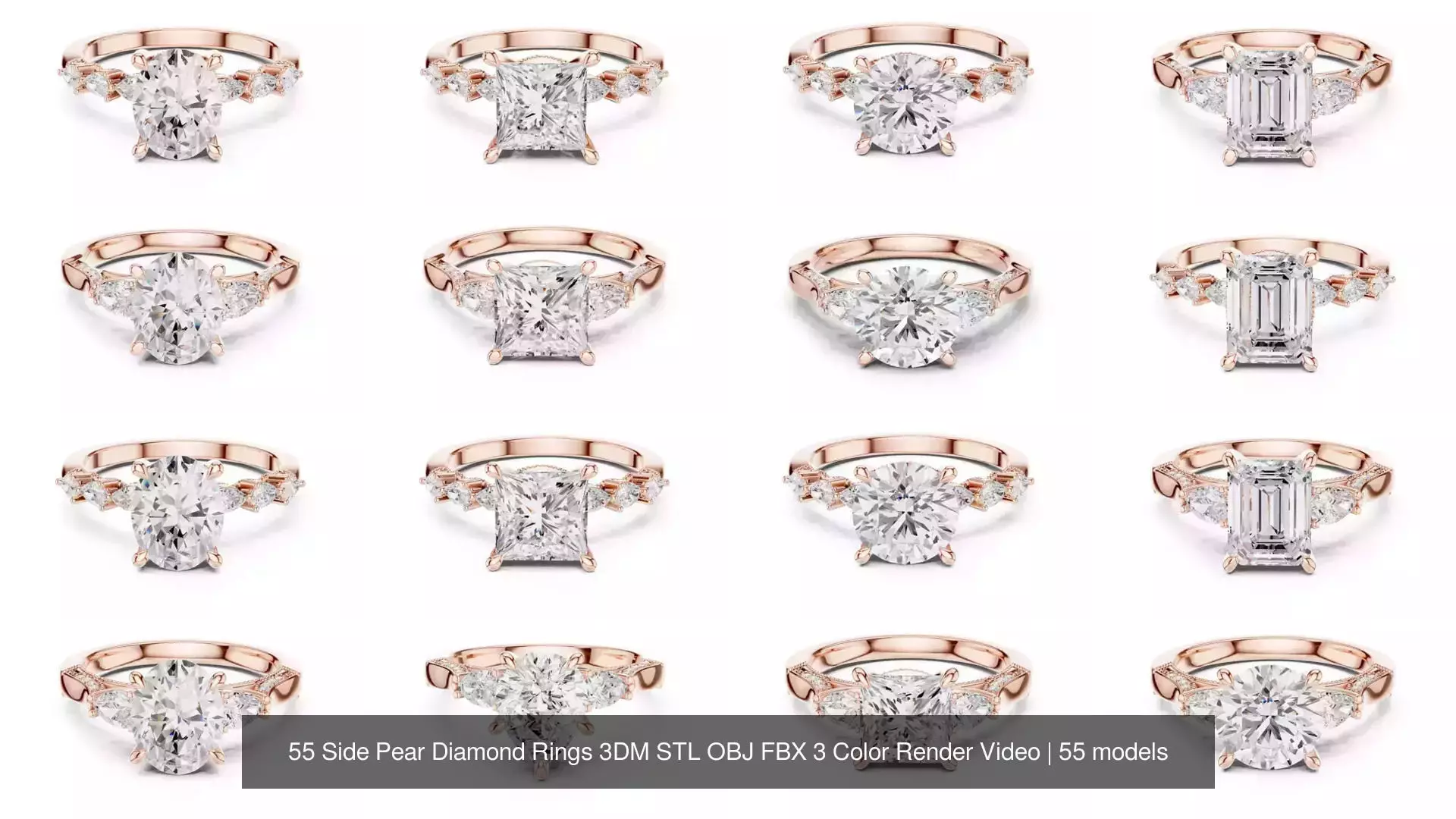 55 Side Pear Diamond Rings 3DM STL OBJ FBX 3 Color Render Video 3D Model Collection_4