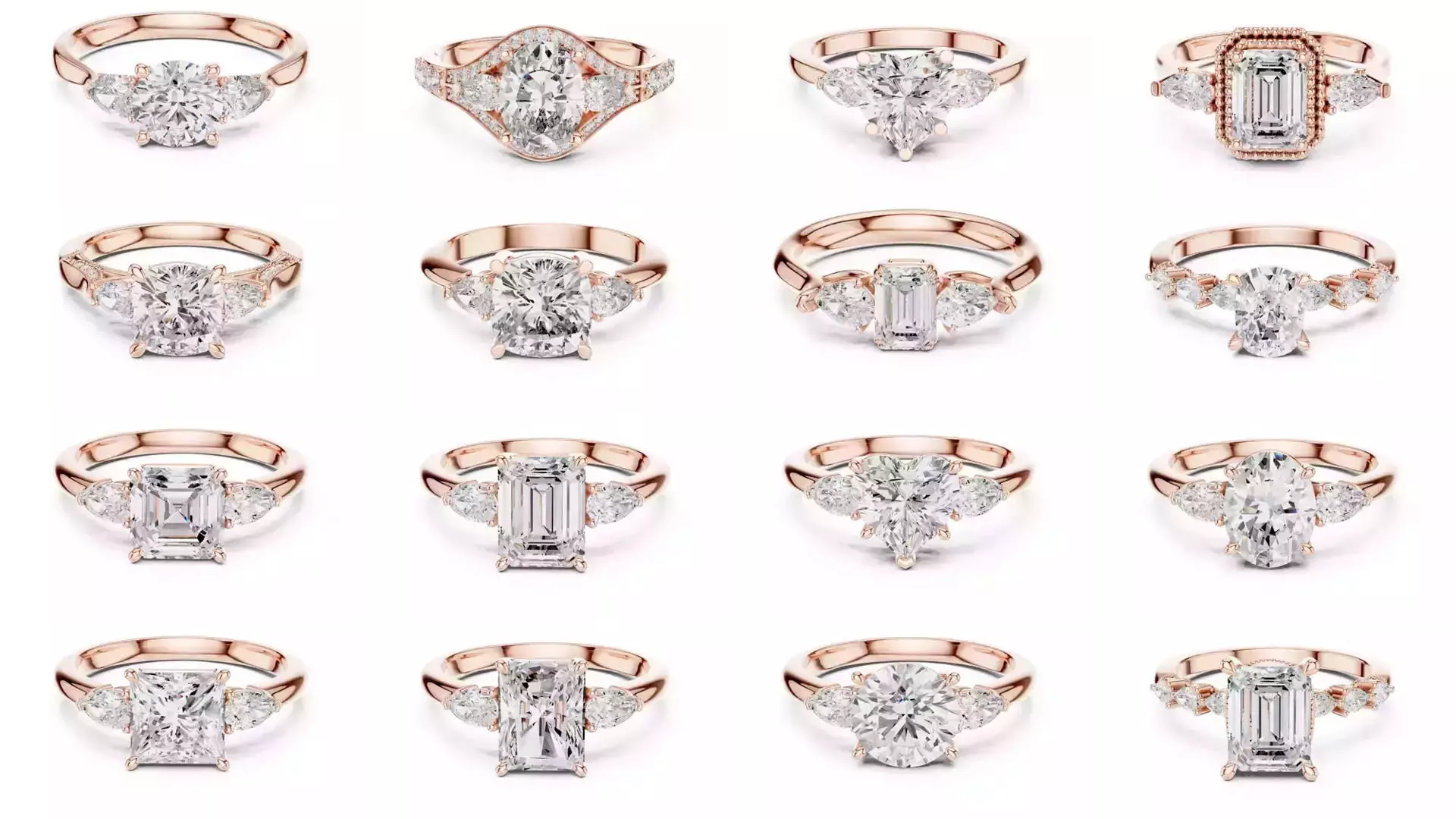55 Side Pear Diamond Rings 3DM STL OBJ FBX 3 Color Render Video 3D Model Collection_2