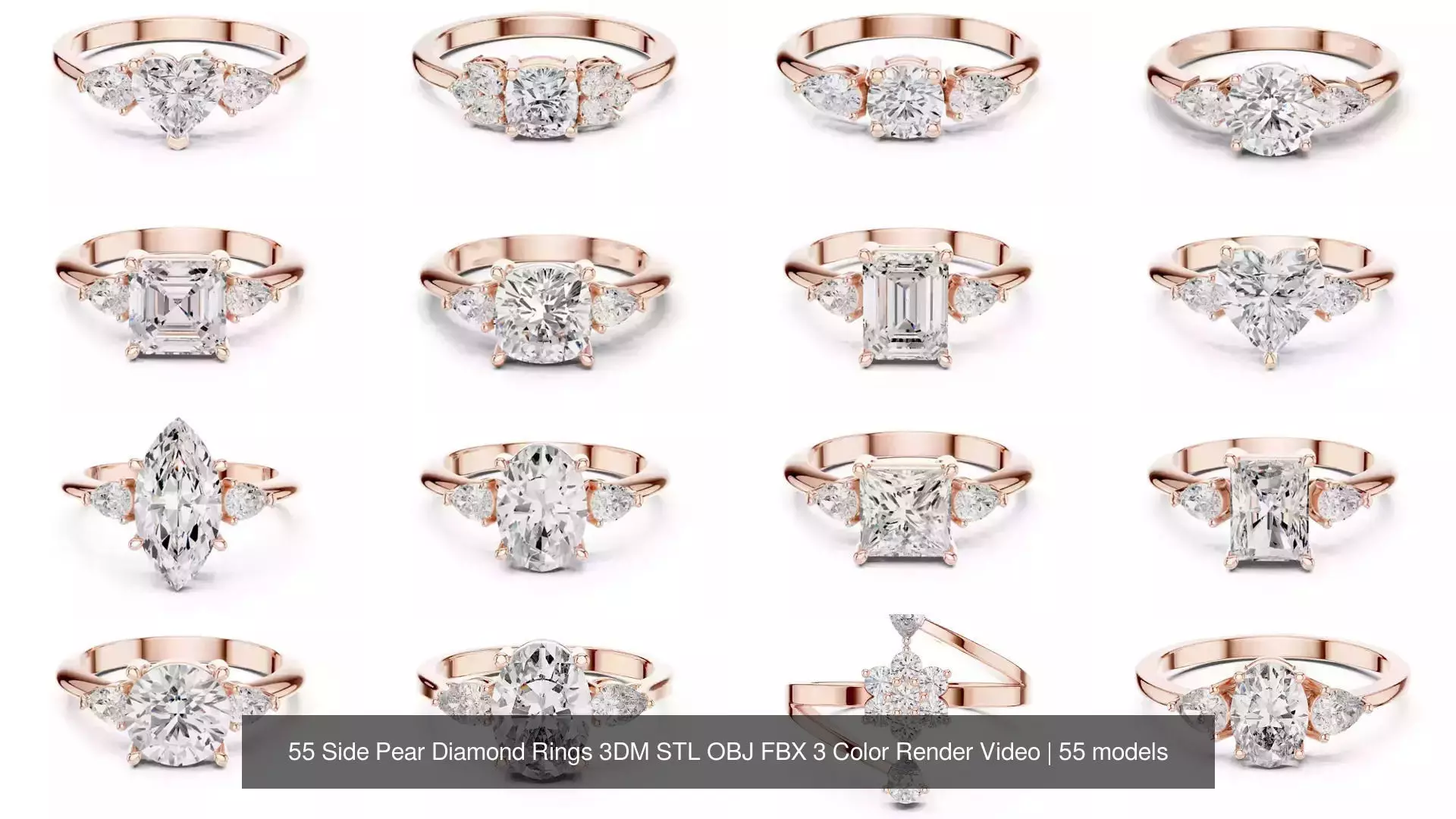 55 Side Pear Diamond Rings 3DM STL OBJ FBX 3 Color Render Video 3D Model Collection_1