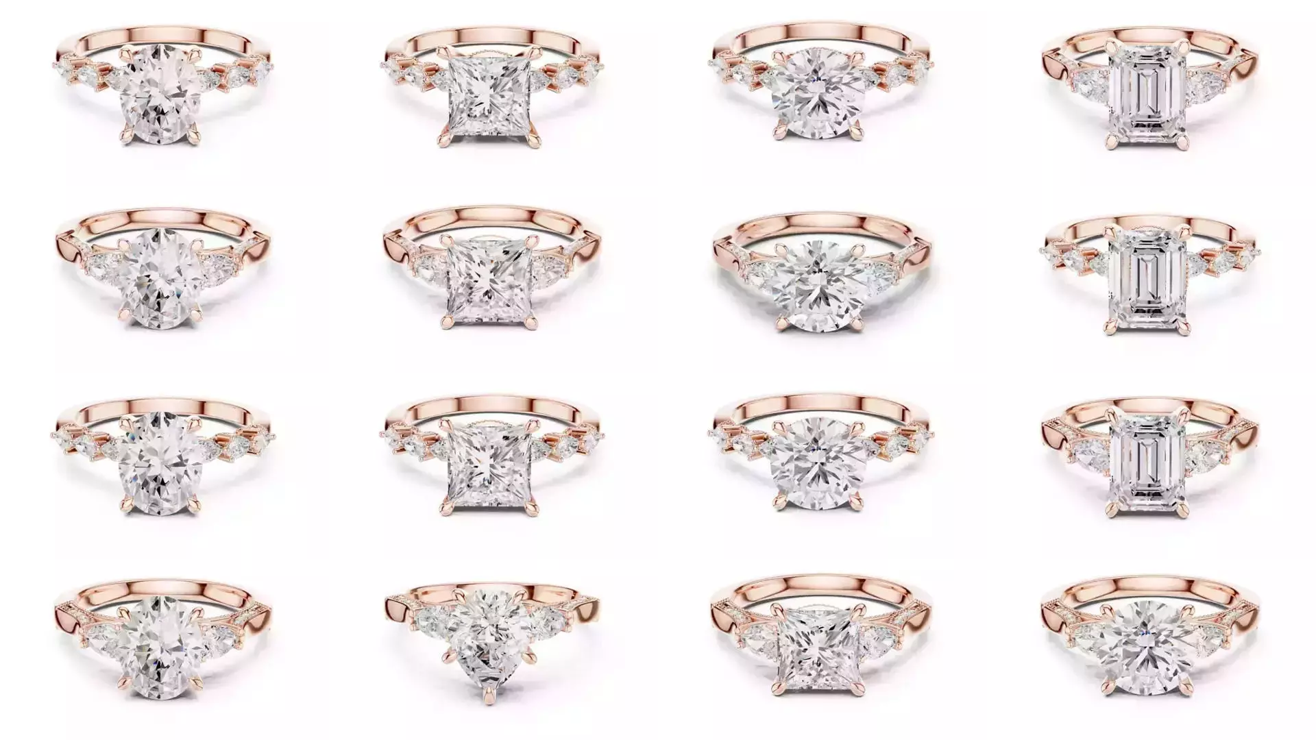 55 Side Pear Diamond Rings 3DM STL OBJ FBX 3 Color Render Video 3D Model Collection_0