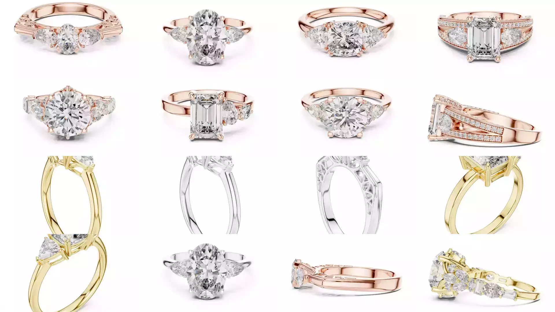 55 Side Pear Diamond Rings 3DM STL OBJ FBX 3 Color Render Video 3D Model Collection_5