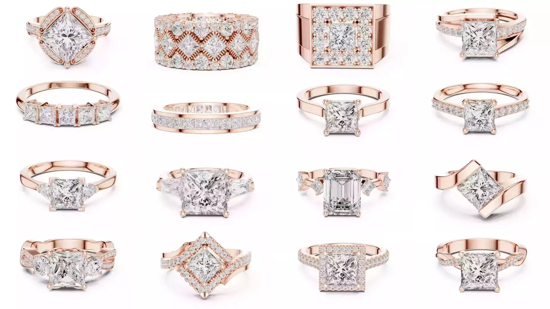 179 Princess Diamond Rings 3DM STL OBJ FBX 3 Color Render Video 3D Model Collection_19