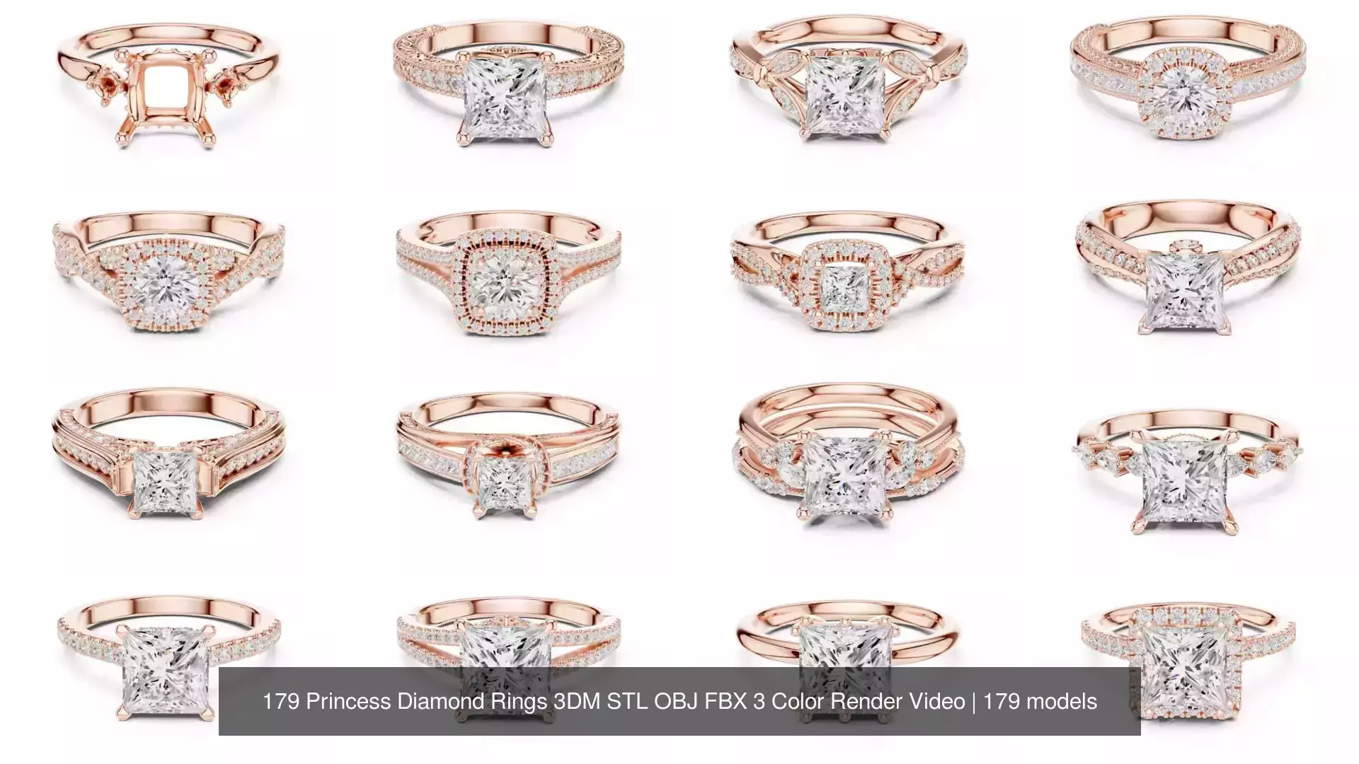 179 Princess Diamond Rings 3DM STL OBJ FBX 3 Color Render Video 3D Model Collection_15