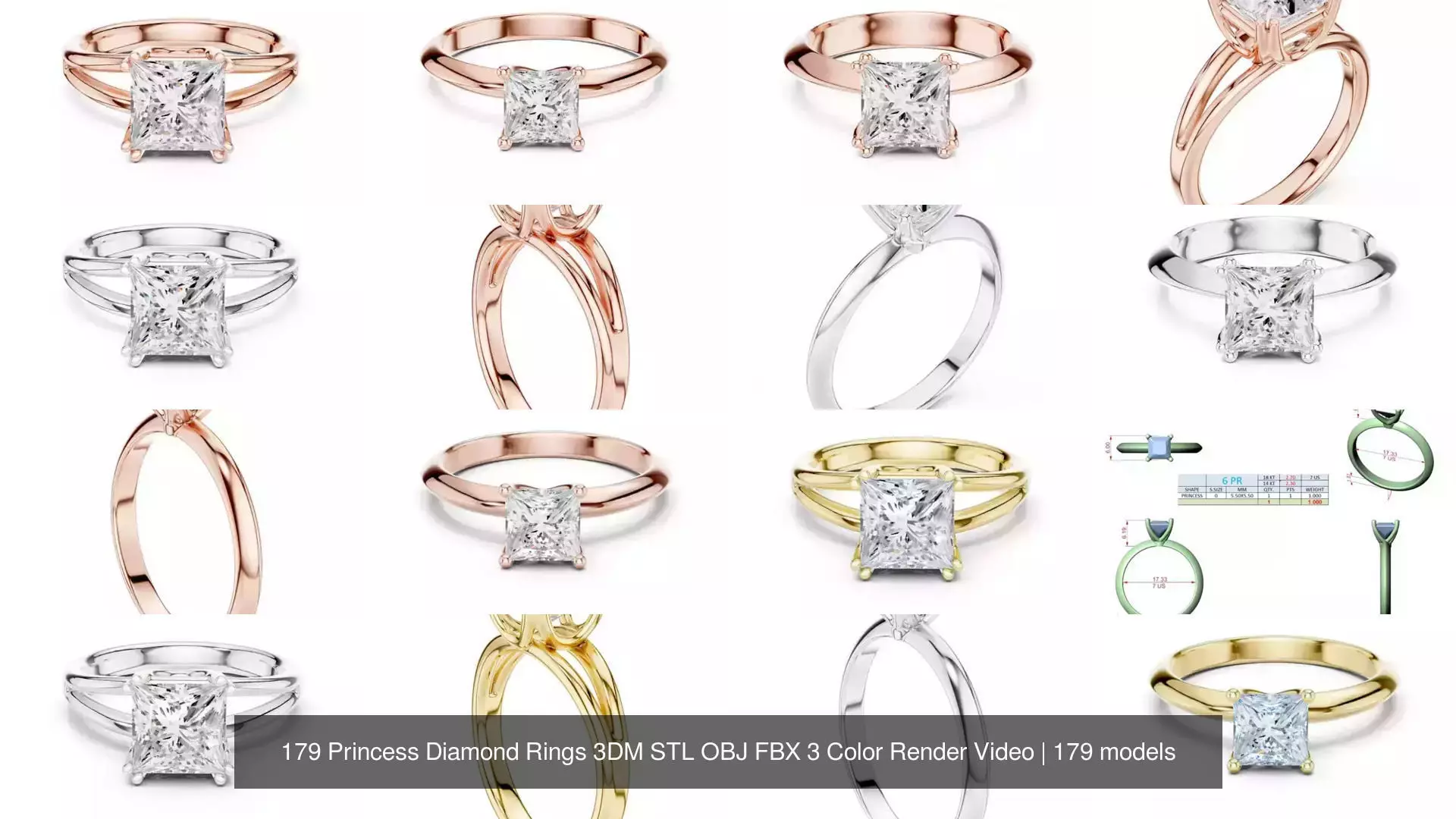 179 Princess Diamond Rings 3DM STL OBJ FBX 3 Color Render Video 3D Model Collection_22