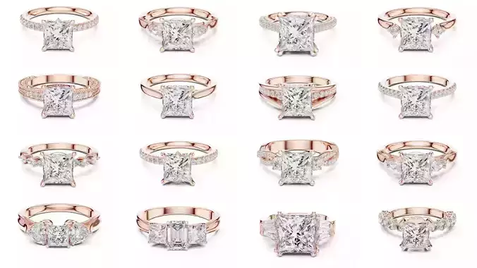 179 Princess Diamond Rings 3DM STL OBJ FBX 3 Color Render Video 3D Model Collection