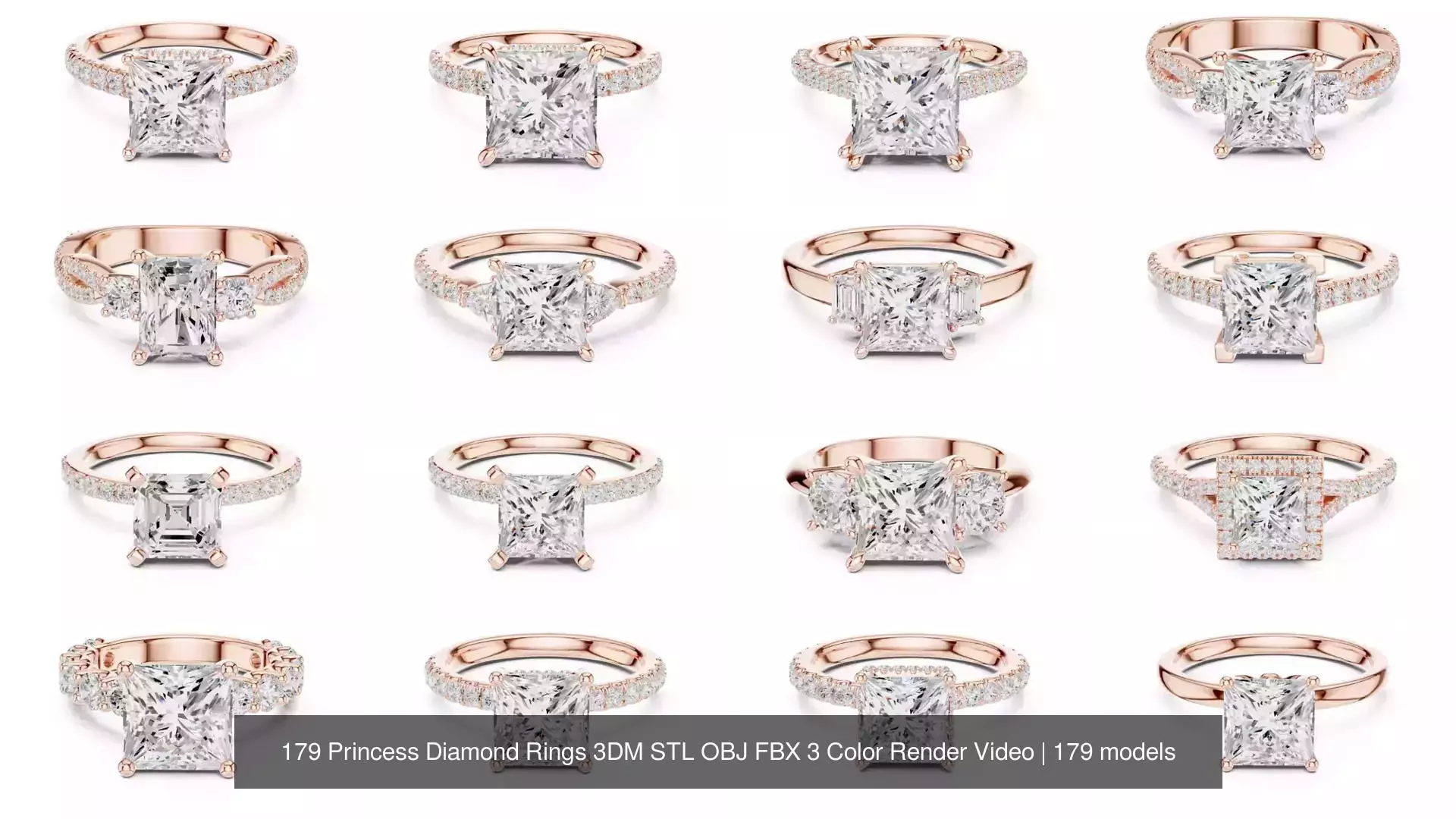 179 Princess Diamond Rings 3DM STL OBJ FBX 3 Color Render Video 3D Model Collection_17