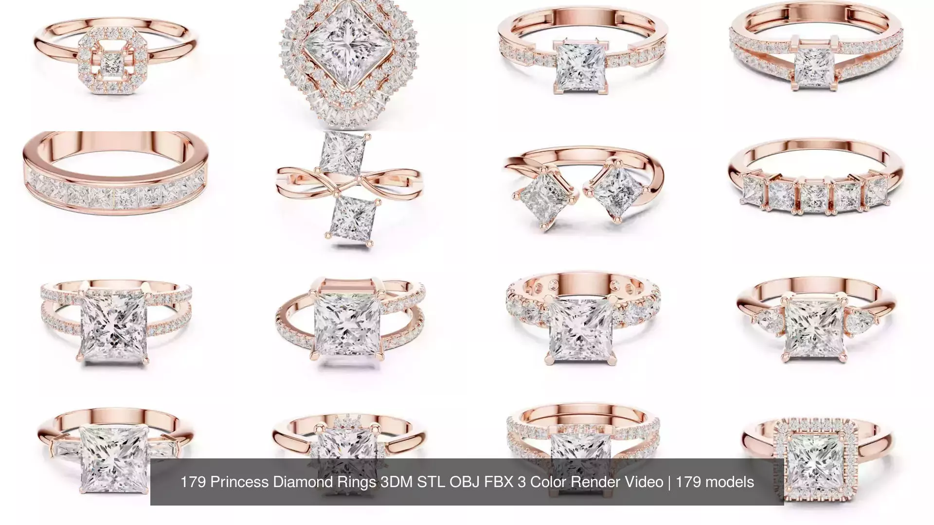 179 Princess Diamond Rings 3DM STL OBJ FBX 3 Color Render Video 3D Model Collection_1