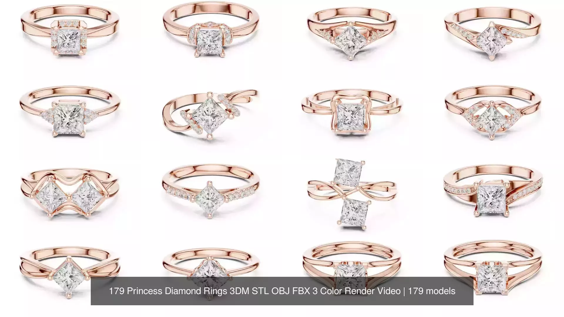179 Princess Diamond Rings 3DM STL OBJ FBX 3 Color Render Video 3D Model Collection_9