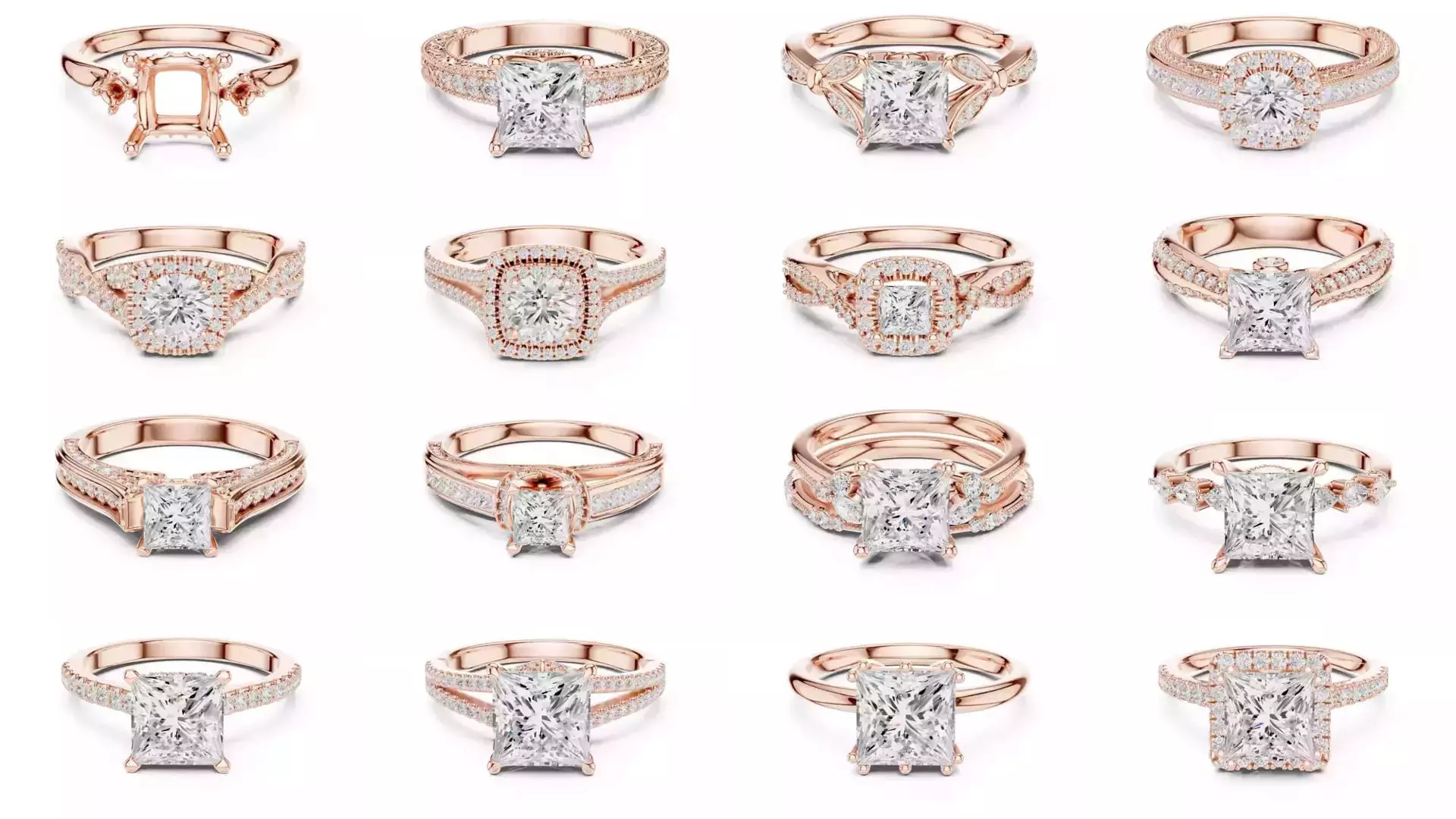 179 Princess Diamond Rings 3DM STL OBJ FBX 3 Color Render Video 3D Model Collection_6