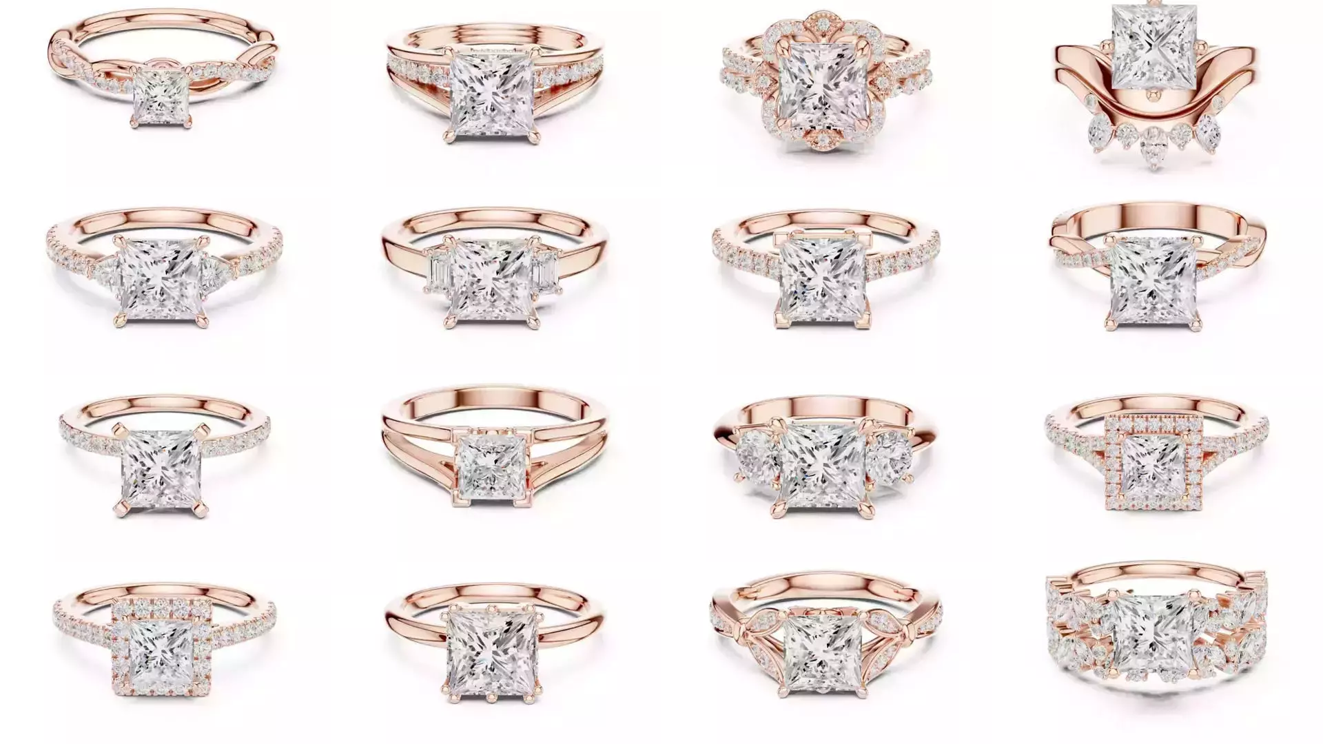 179 Princess Diamond Rings 3DM STL OBJ FBX 3 Color Render Video 3D Model Collection_10