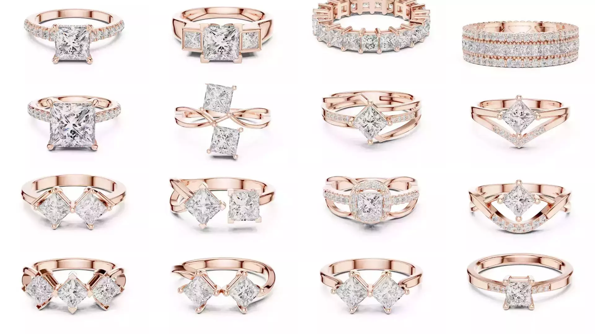 179 Princess Diamond Rings 3DM STL OBJ FBX 3 Color Render Video 3D Model Collection_14