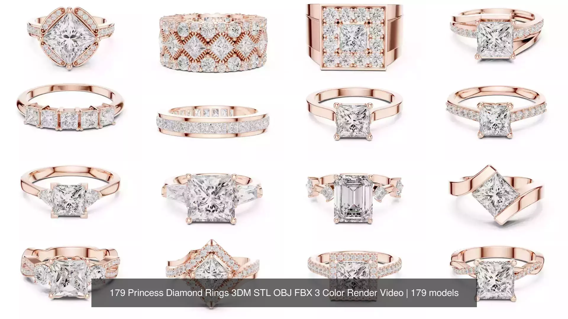179 Princess Diamond Rings 3DM STL OBJ FBX 3 Color Render Video 3D Model Collection_5