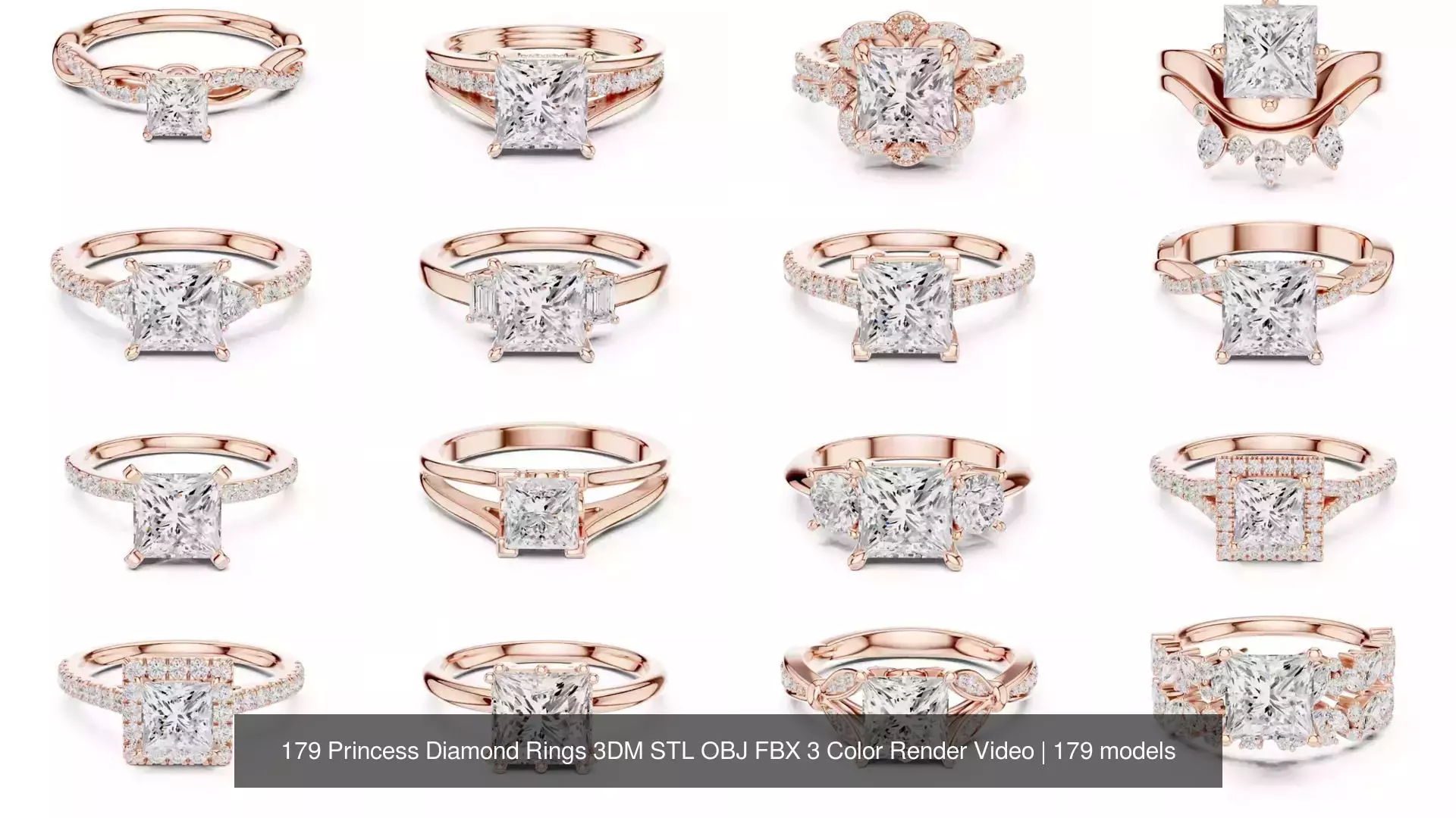 179 Princess Diamond Rings 3DM STL OBJ FBX 3 Color Render Video 3D Model Collection_11