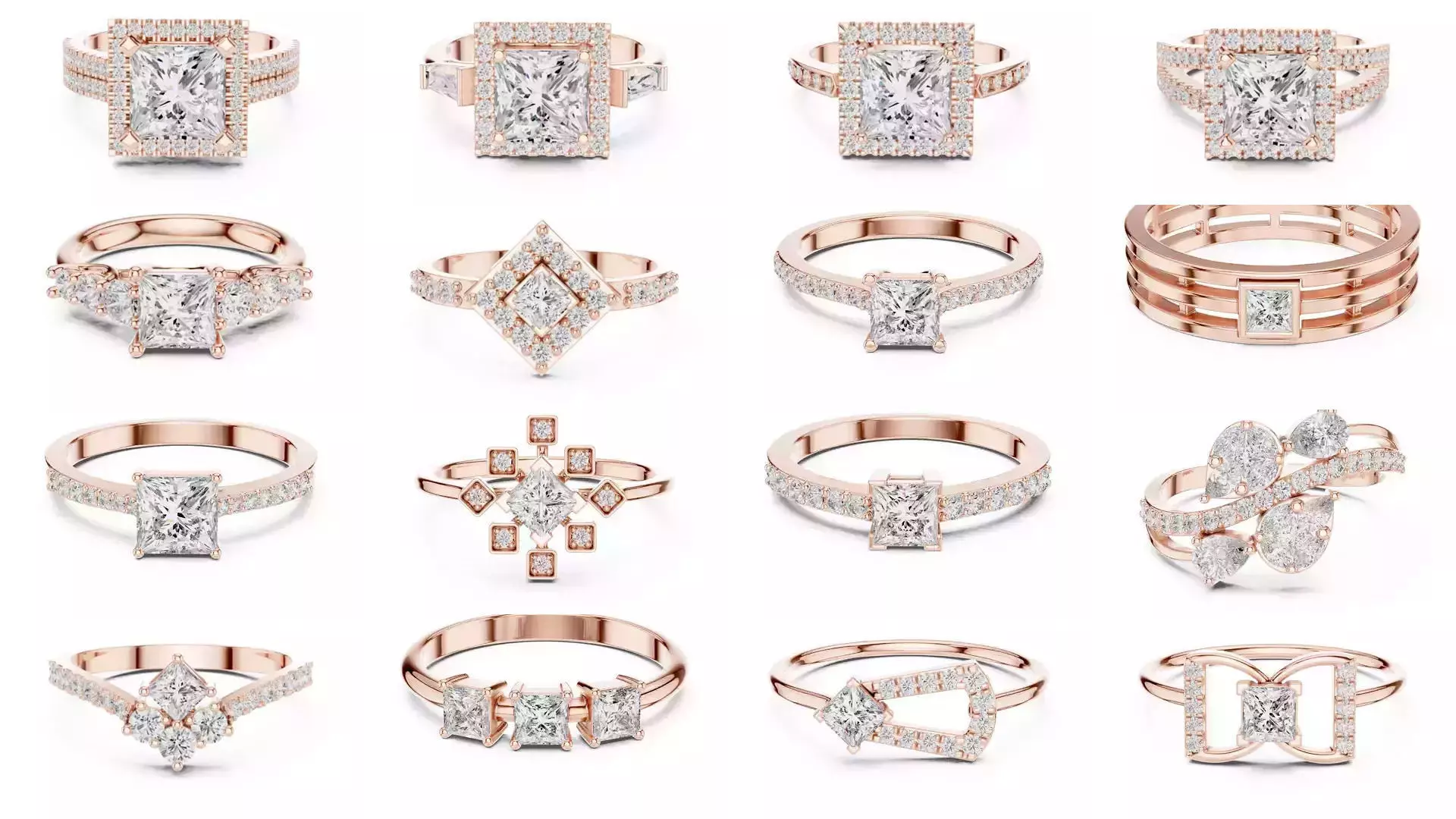 179 Princess Diamond Rings 3DM STL OBJ FBX 3 Color Render Video 3D Model Collection_16