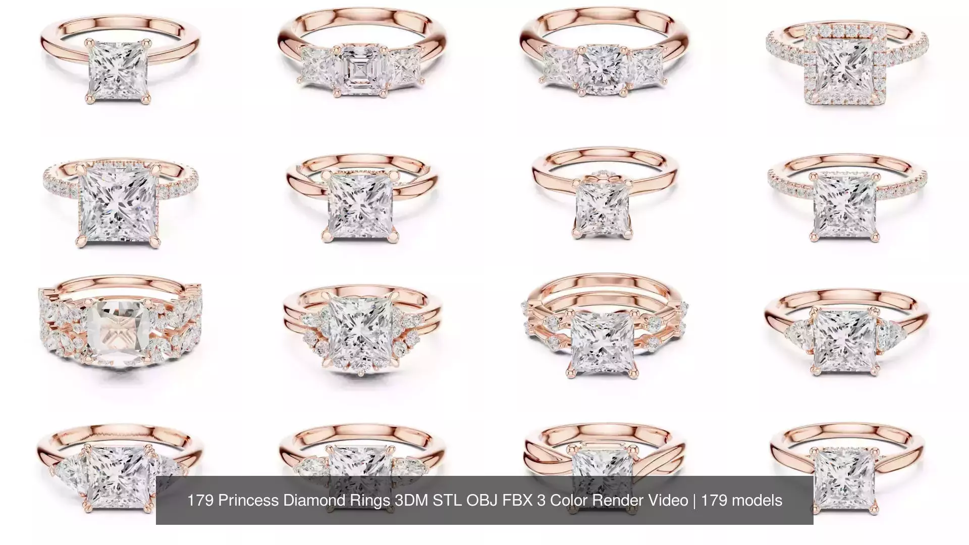 179 Princess Diamond Rings 3DM STL OBJ FBX 3 Color Render Video 3D Model Collection_13