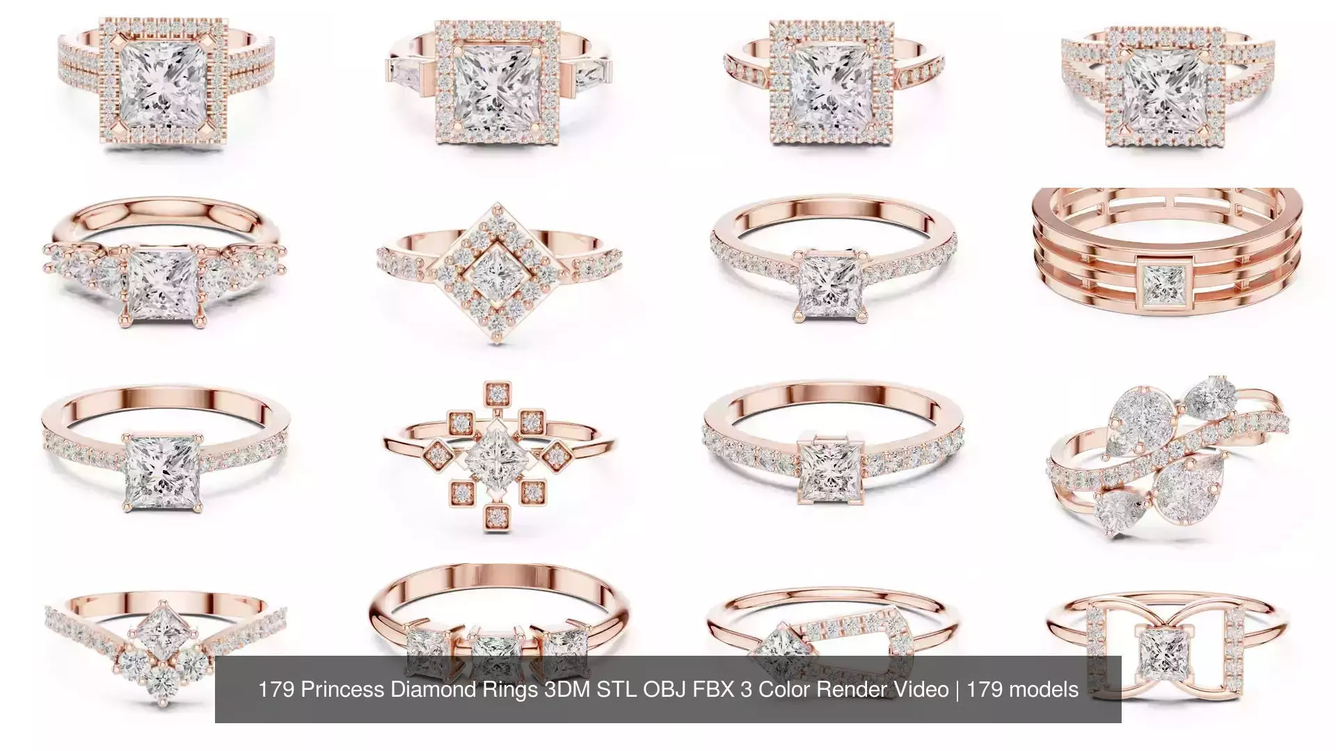179 Princess Diamond Rings 3DM STL OBJ FBX 3 Color Render Video 3D Model Collection_3