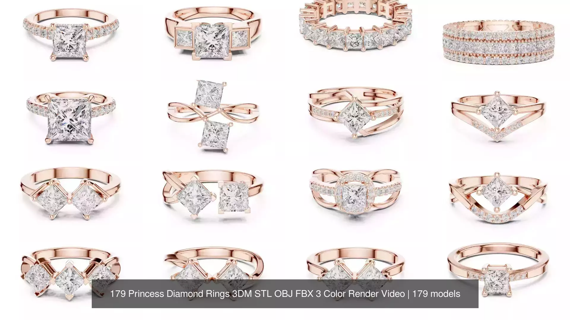 179 Princess Diamond Rings 3DM STL OBJ FBX 3 Color Render Video 3D Model Collection_7