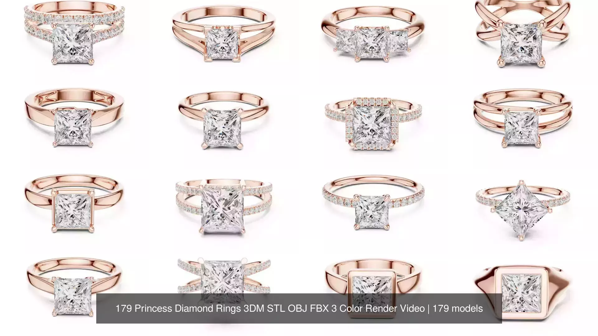 179 Princess Diamond Rings 3DM STL OBJ FBX 3 Color Render Video 3D Model Collection_20